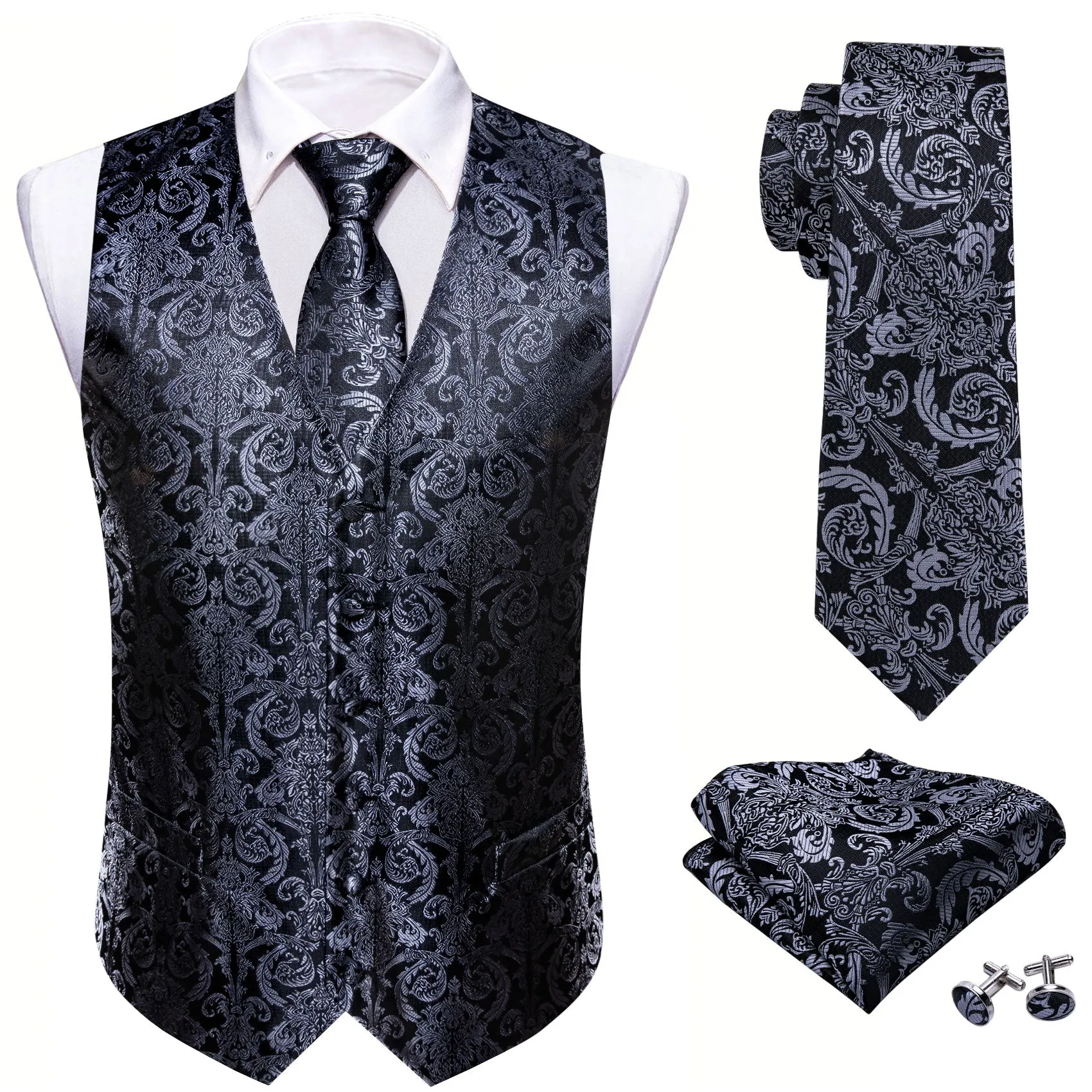 Silver Black Floral Jacquard Silk Men's Vest Hanky Cufflinks Tie Set