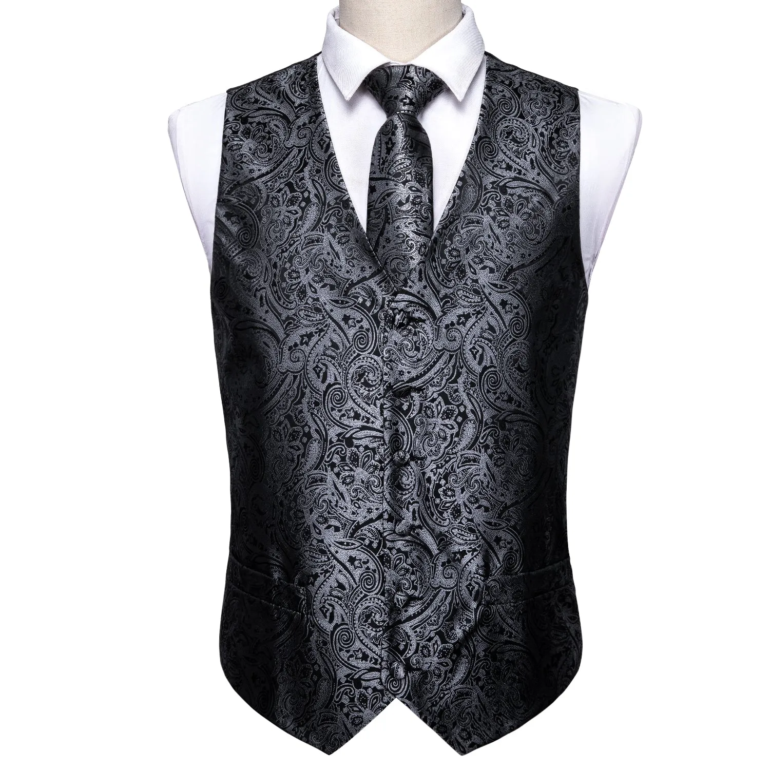 Silver Black Paisley Men's Vest Tie Hanky Cufflinks Set Waistcoat Suit Set