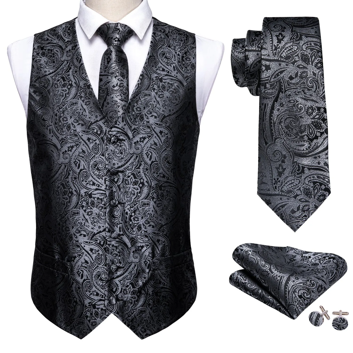 Silver Black Paisley Men's Vest Tie Hanky Cufflinks Set Waistcoat Suit Set