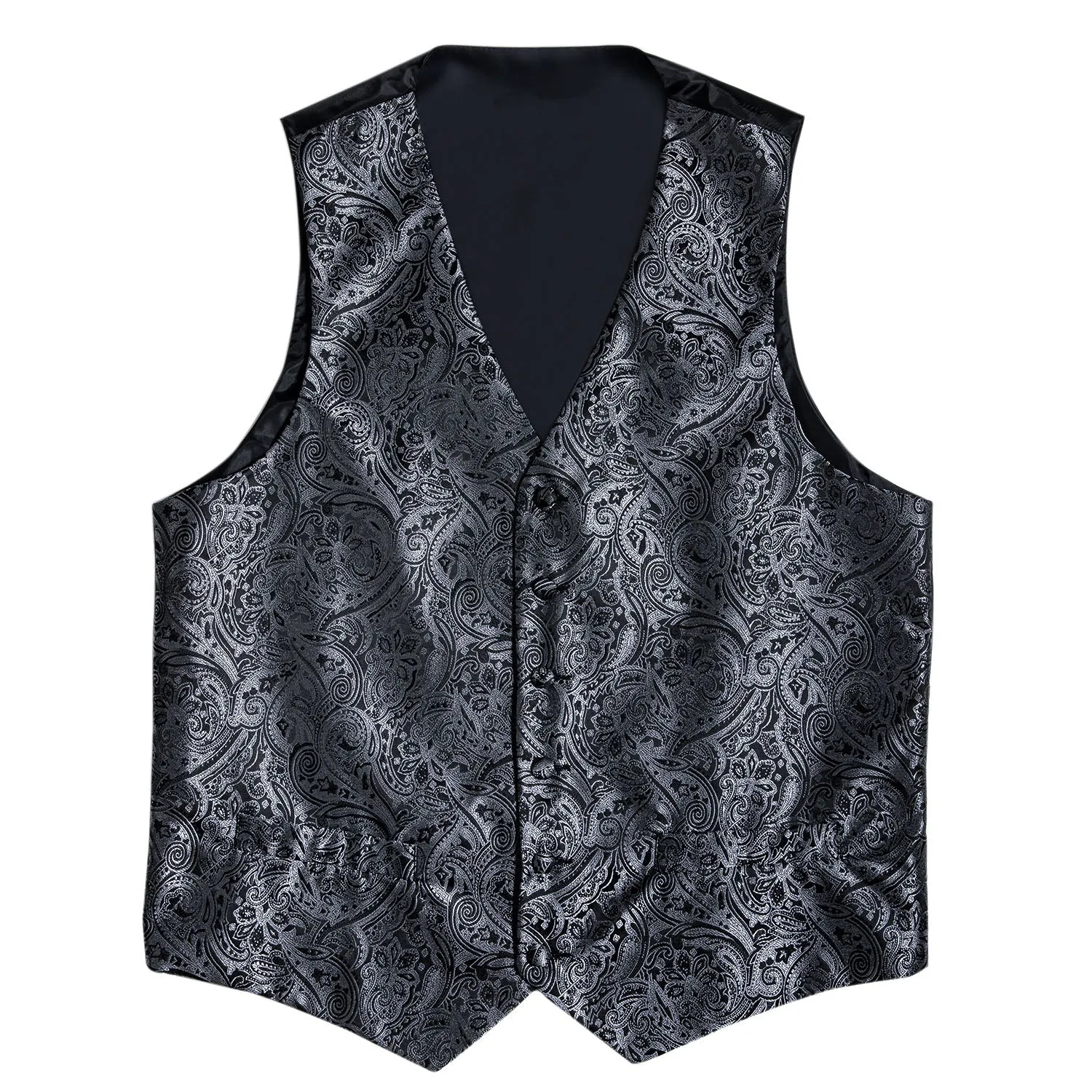 Silver Black Paisley Men's Vest Tie Hanky Cufflinks Set Waistcoat Suit Set