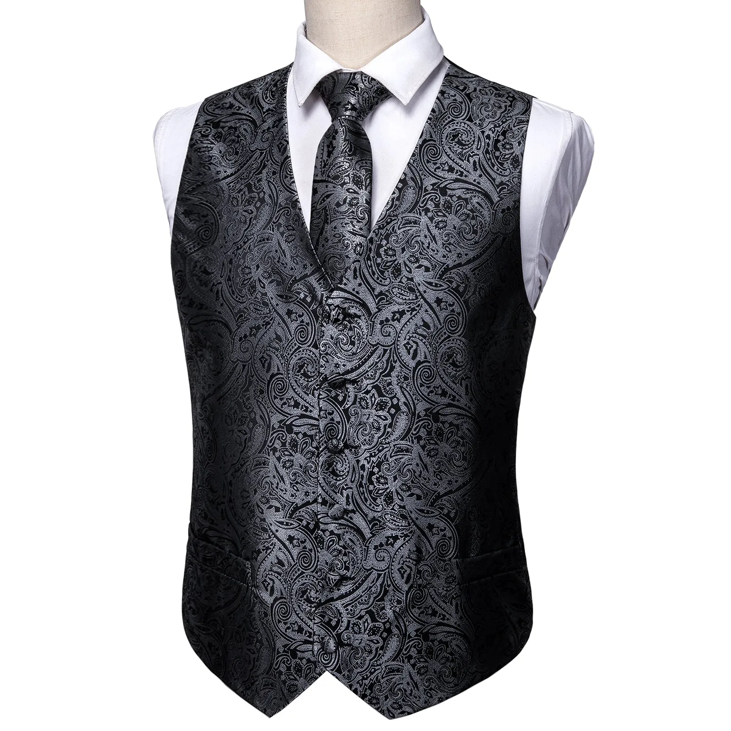 Silver Black Paisley Men's Vest Tie Hanky Cufflinks Set Waistcoat Suit Set