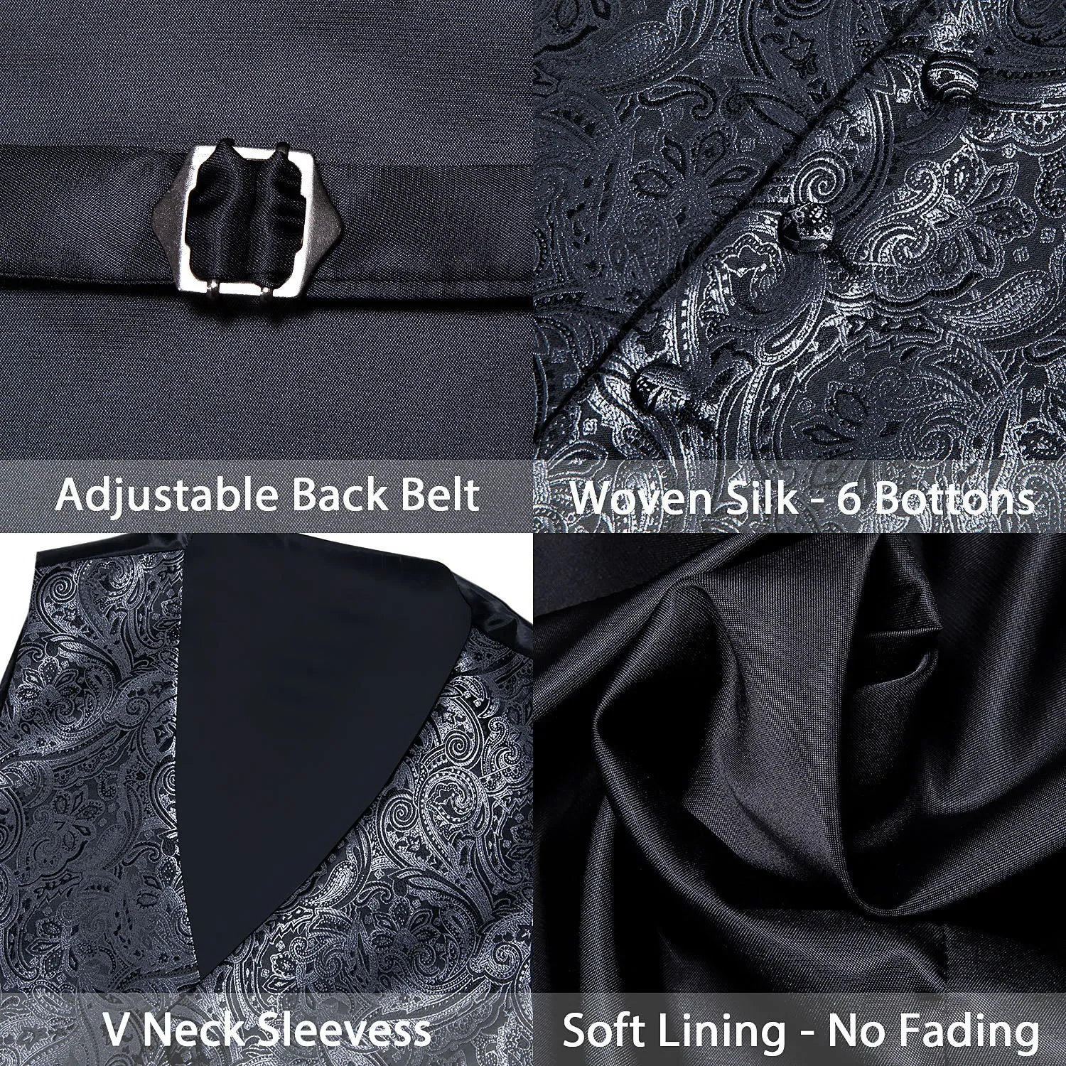 Silver Black Paisley Men's Vest Tie Hanky Cufflinks Set Waistcoat Suit Set