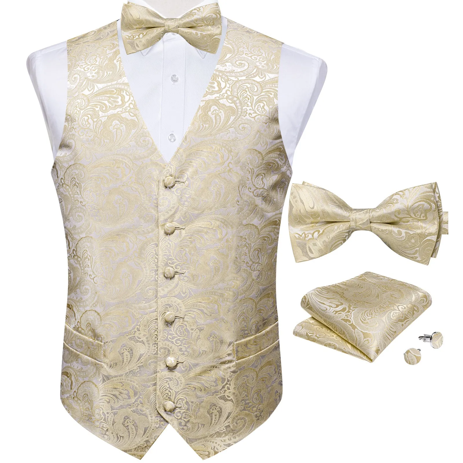 Silver Champagne Paisley Jacquard Silk Men's Vest Bow Tie Handkerchief Cufflinks Set