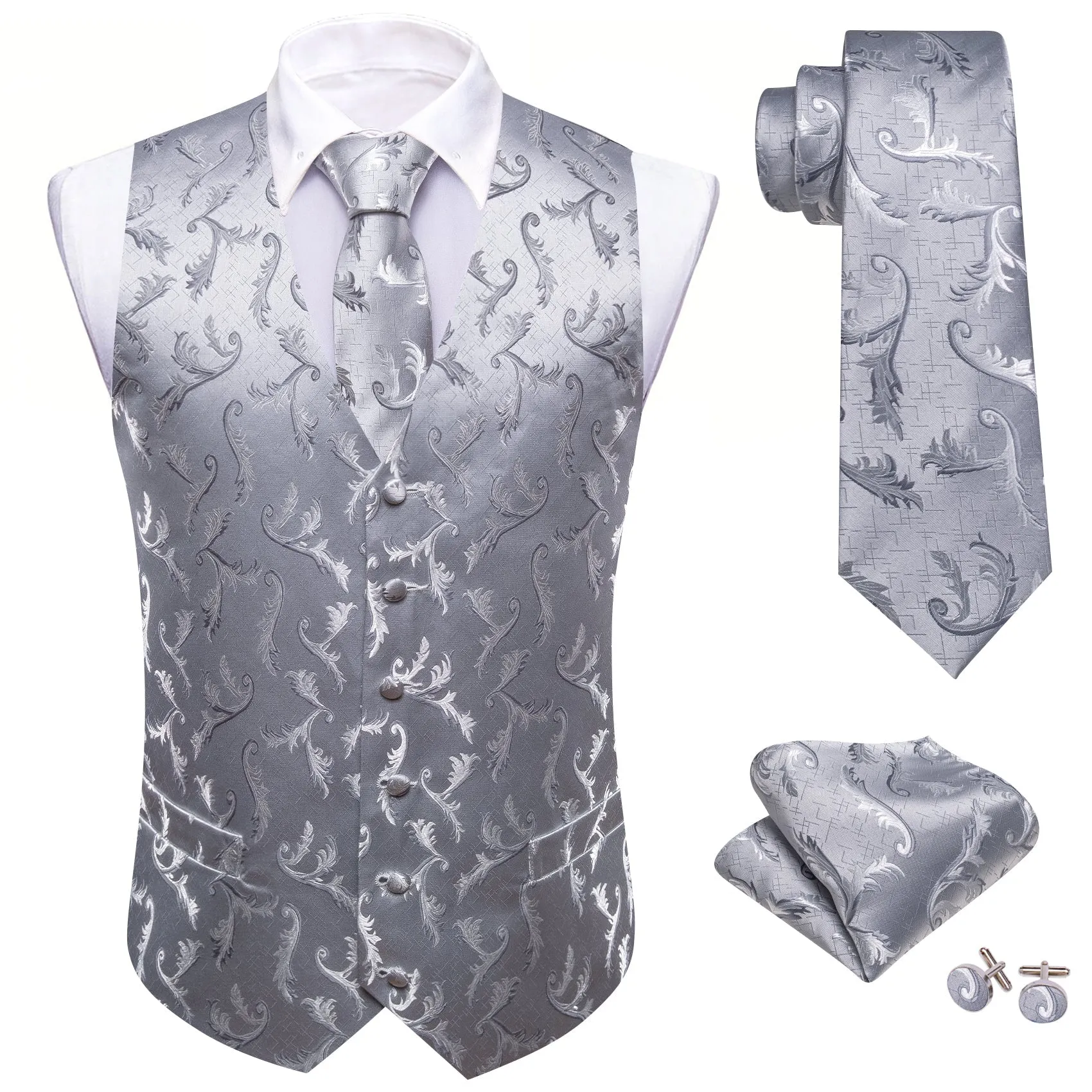 Silver Floral Silk Men's Vest Hanky Cufflinks Tie Set