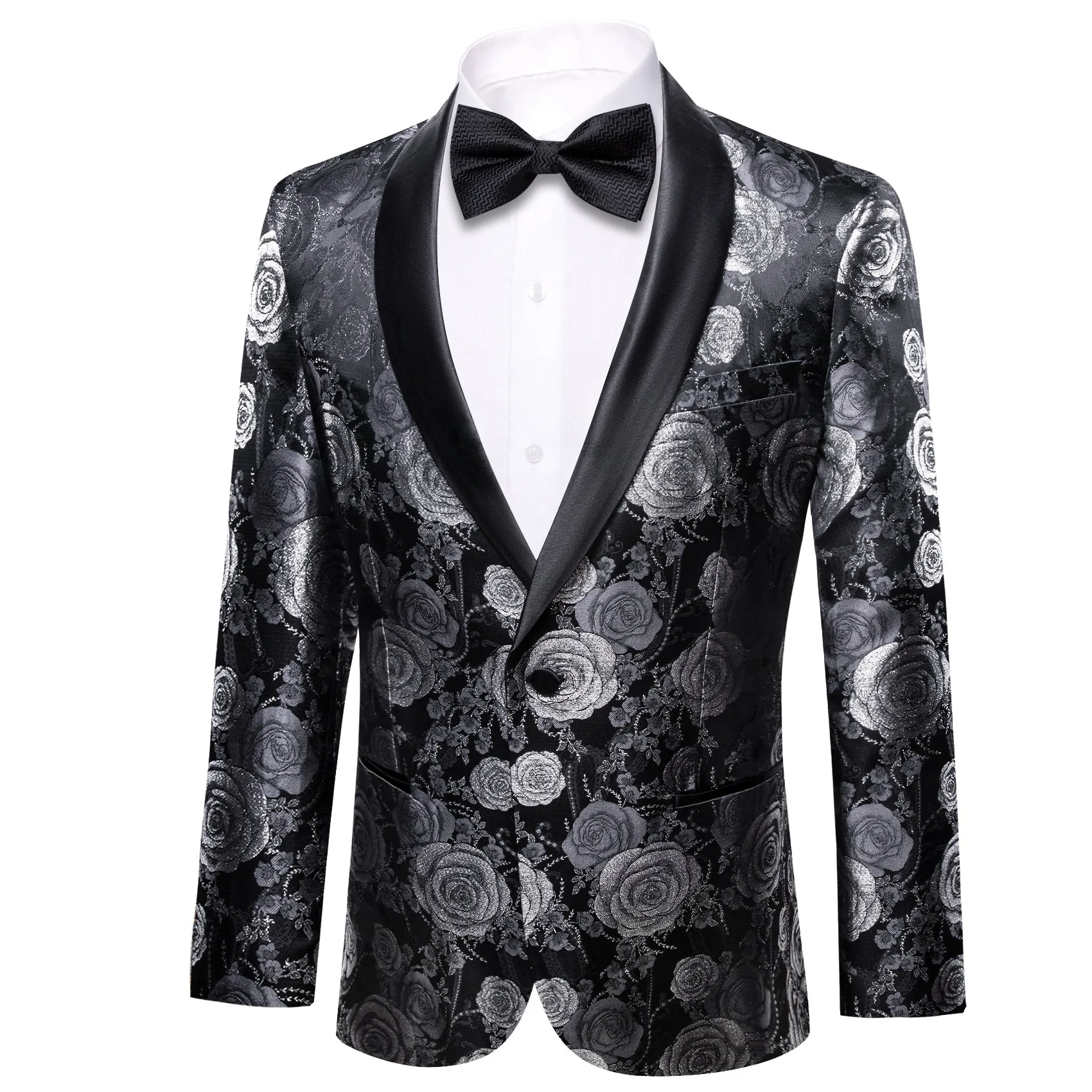 Silver Grey Black Floral Rose Men's Suit for Party