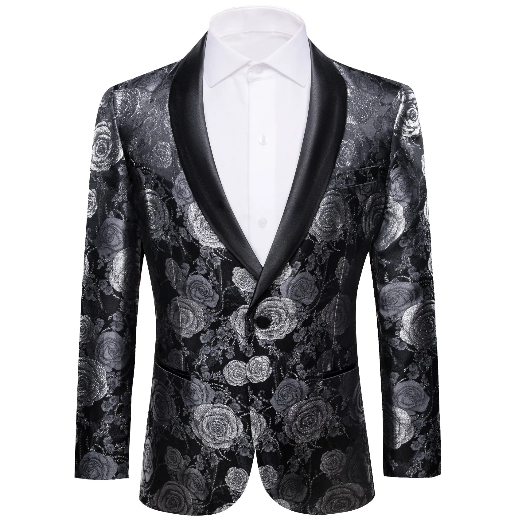 Silver Grey Black Floral Rose Men's Suit for Party