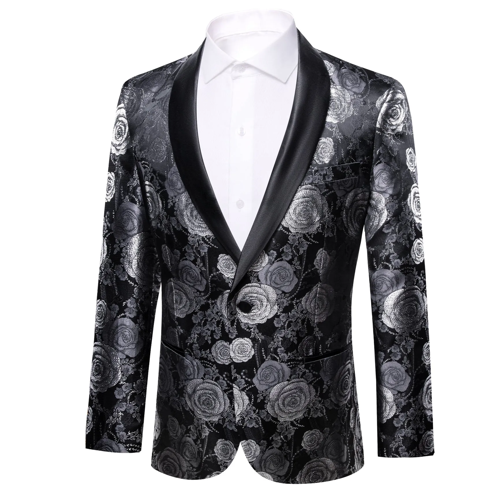 Silver Grey Black Floral Rose Men's Suit for Party