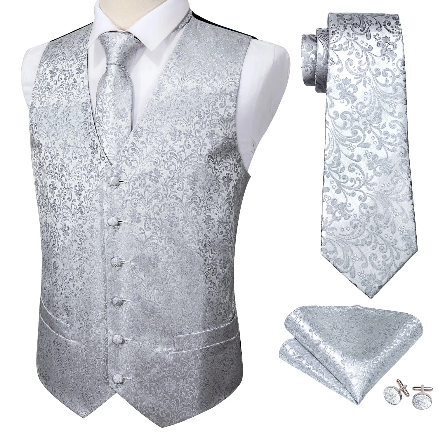 Silver Grey Floral Jacquard Silk Men's Vest Hanky Cufflinks Tie Set