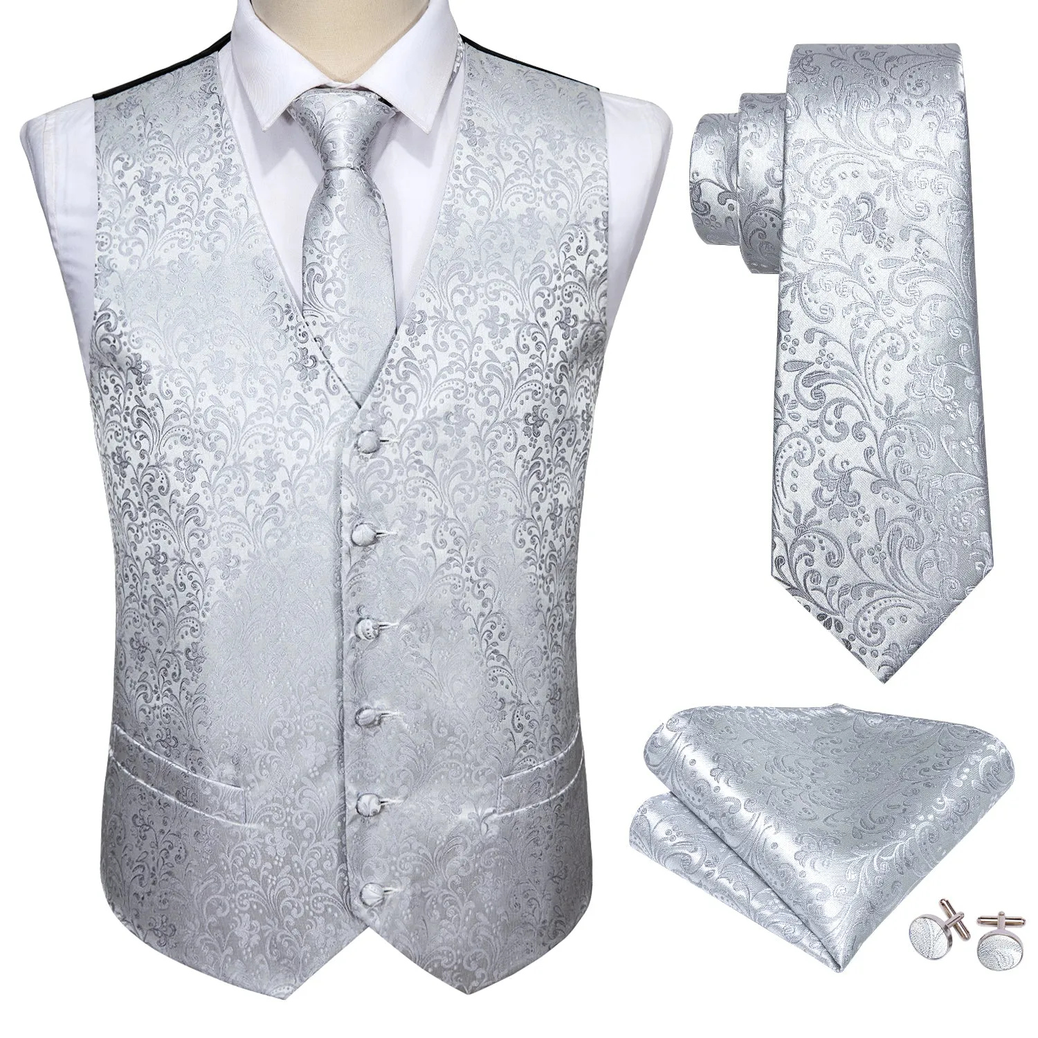 Silver Grey Floral Jacquard Silk Men's Vest Hanky Cufflinks Tie Set