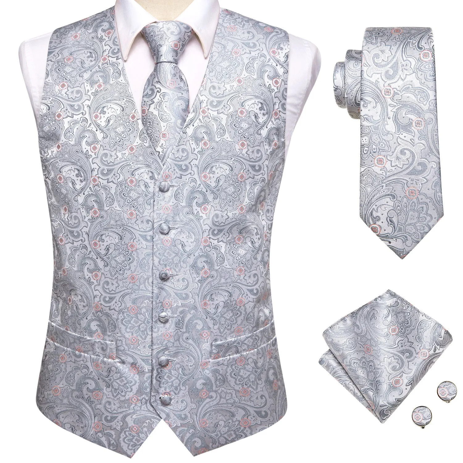 Silver Grey Paisley Floral Jacquard Silk Men's Vest Hanky Cufflinks Tie Set