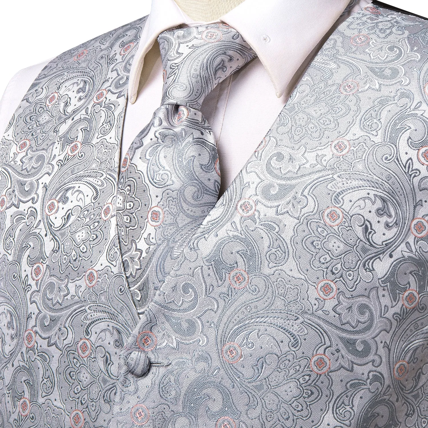 Silver Grey Paisley Floral Jacquard Silk Men's Vest Hanky Cufflinks Tie Set