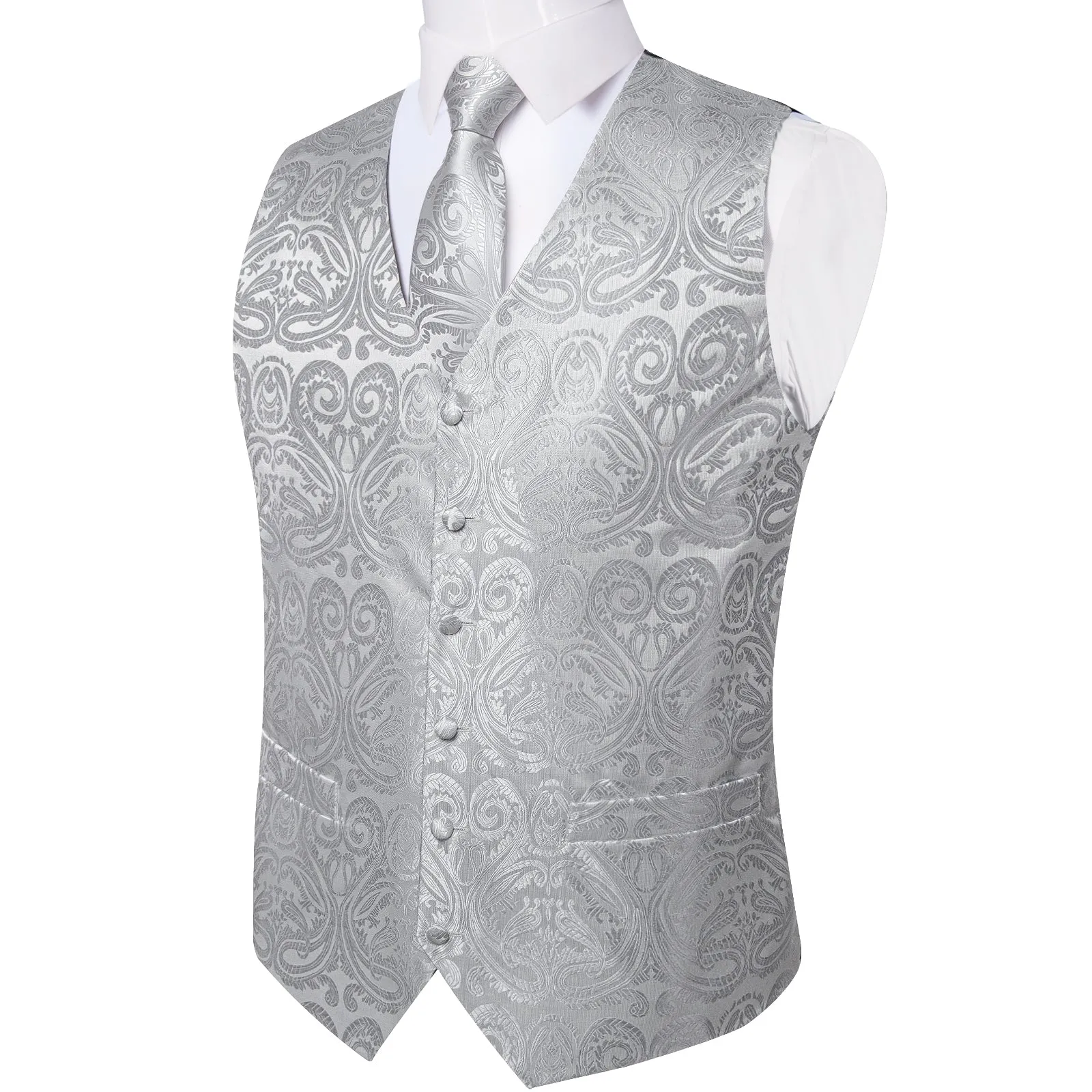 Silver Grey Paisley Jacquard Silk Men's Vest Hanky Cufflinks Tie Set