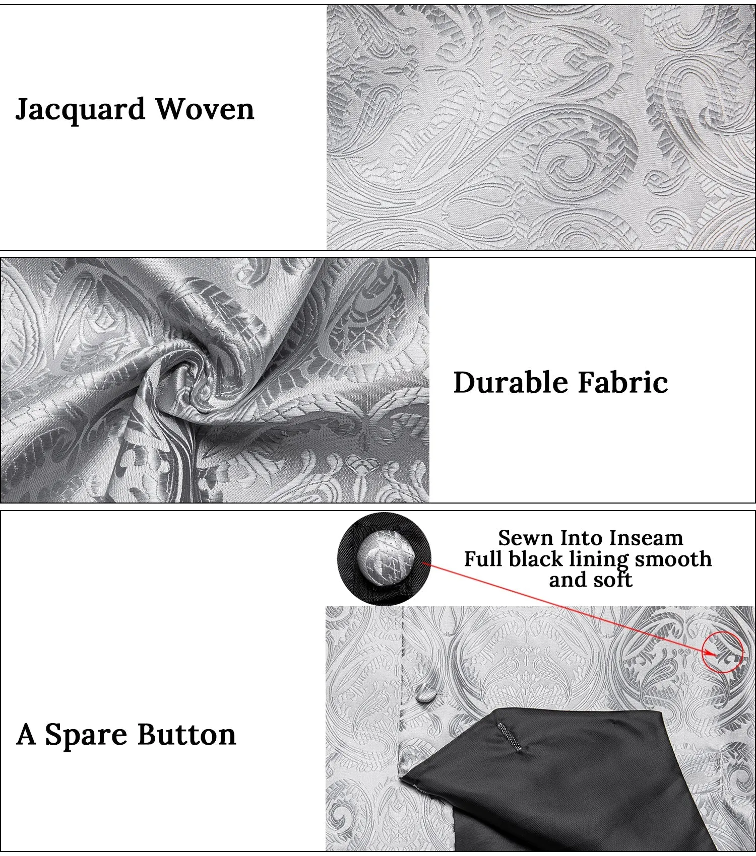 Silver Grey Paisley Jacquard Silk Men's Vest Hanky Cufflinks Tie Set