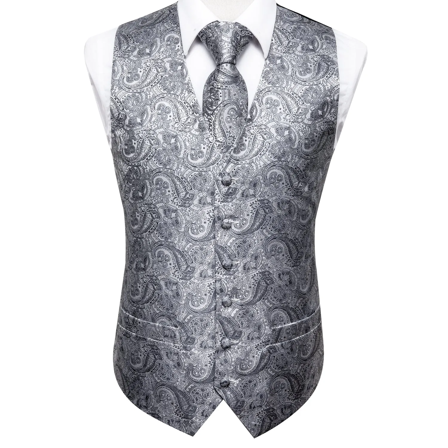 Silver Grey Paisley Silk Men's Vest Hanky Cufflinks Tie Set Waistcoat Suit Set