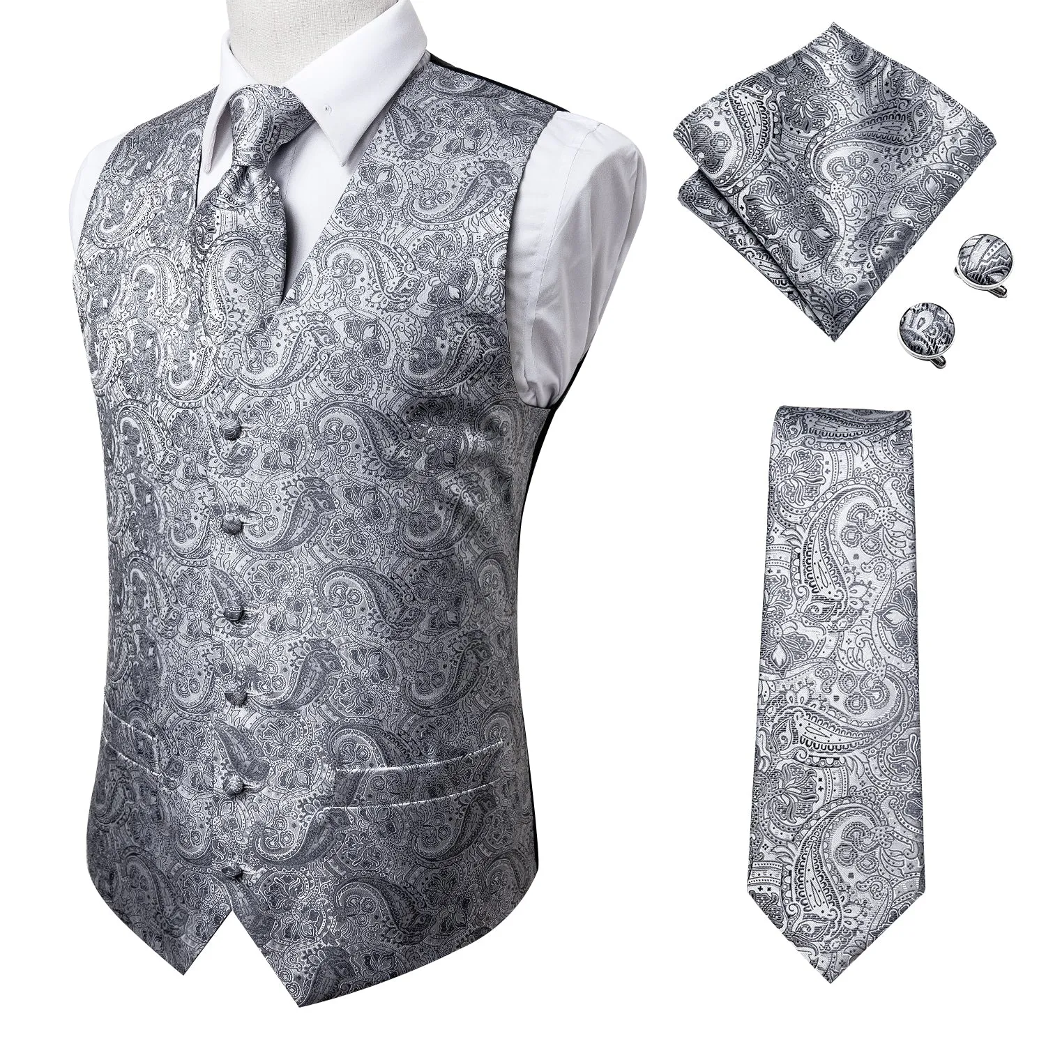 Silver Grey Paisley Silk Men's Vest Hanky Cufflinks Tie Set Waistcoat Suit Set