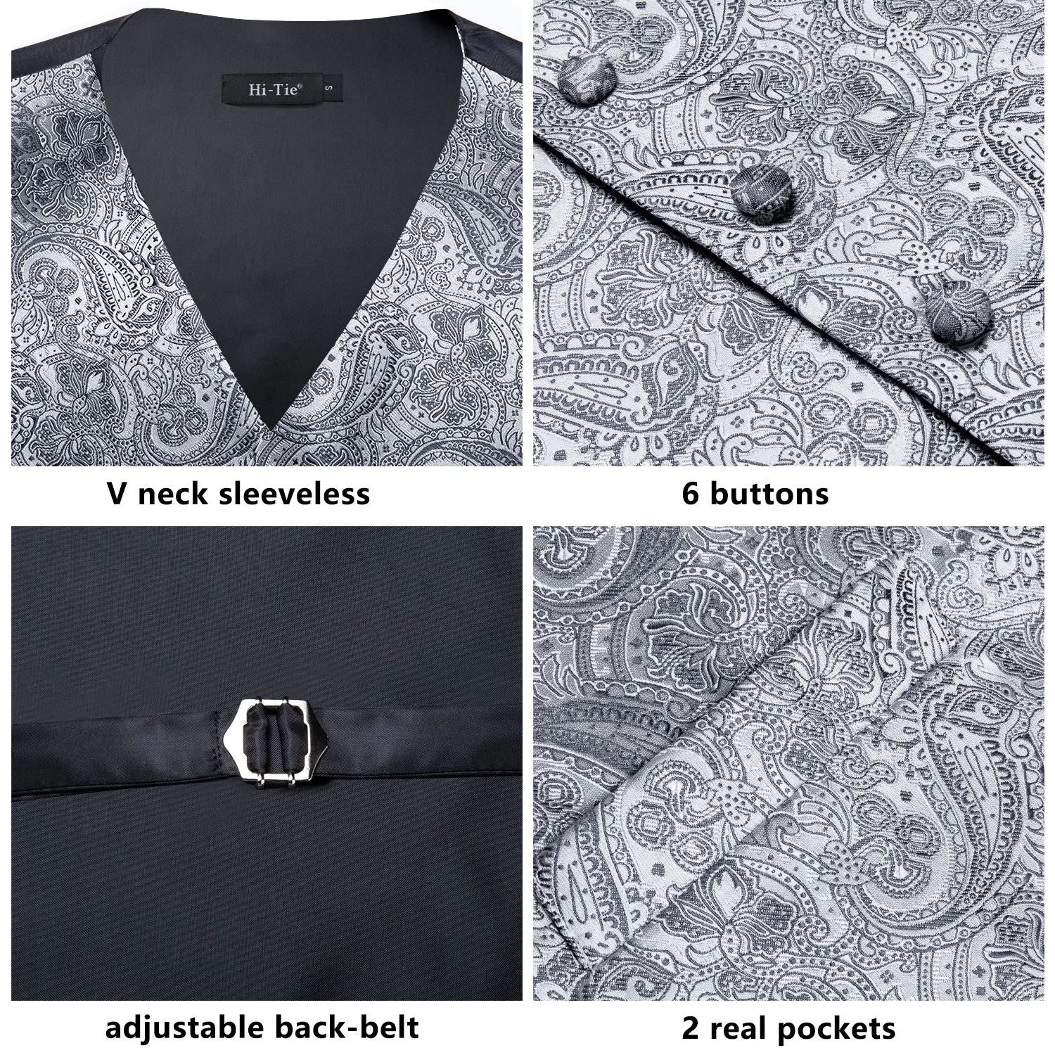 Silver Grey Paisley Silk Men's Vest Hanky Cufflinks Tie Set Waistcoat Suit Set