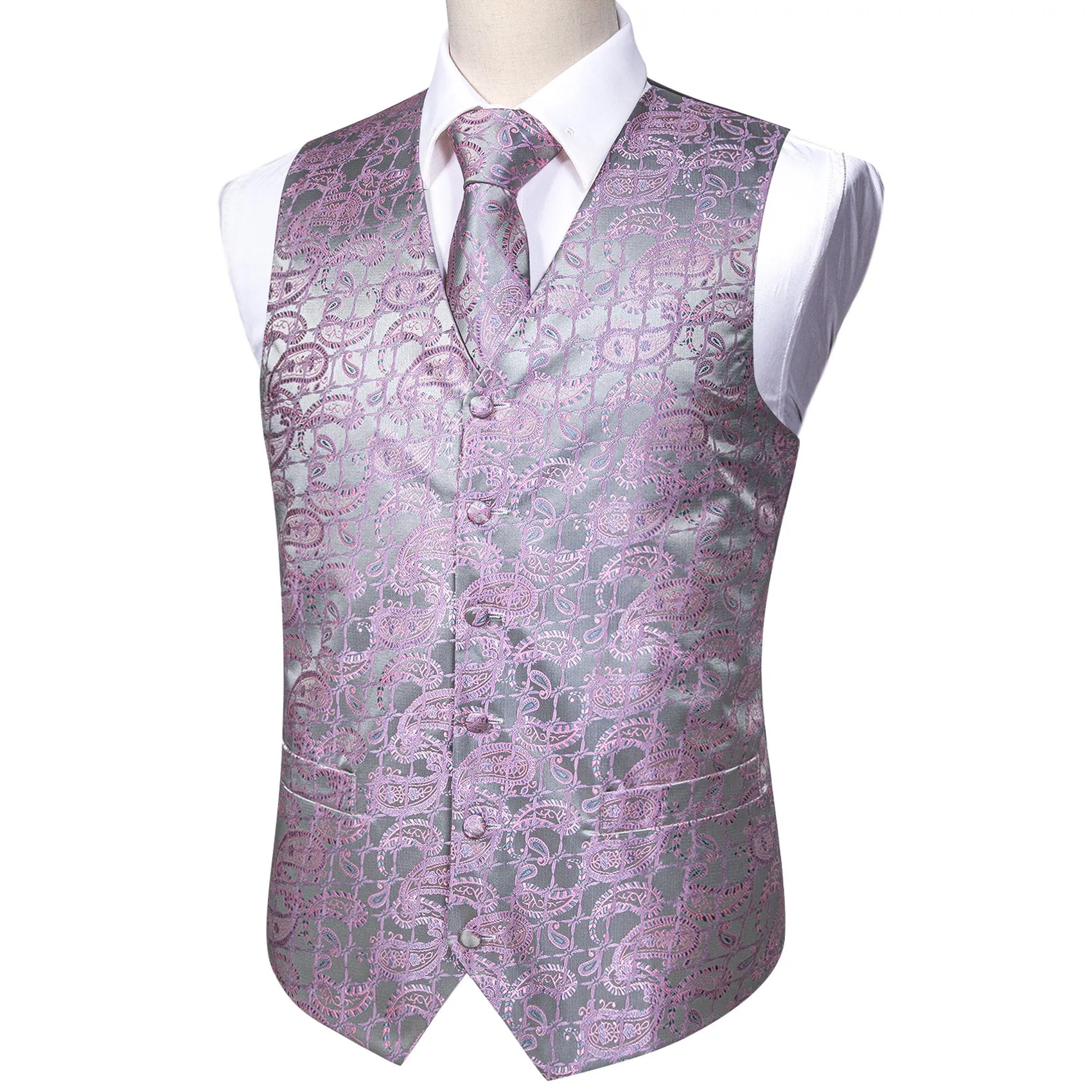 Silver Grey Pink Paisley Jacquard Silk Men's Vest Hanky Cufflinks Tie Set