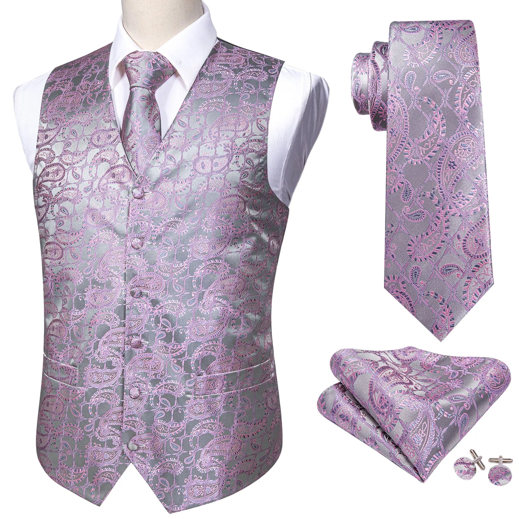 Silver Grey Pink Paisley Jacquard Silk Men's Vest Hanky Cufflinks Tie Set