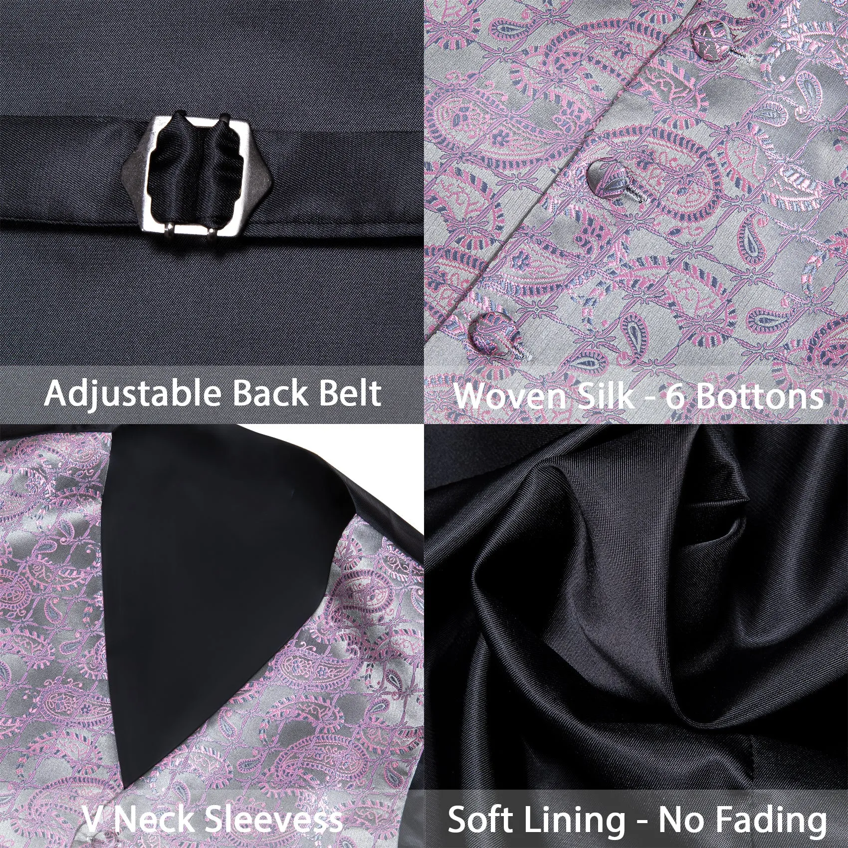 Silver Grey Pink Paisley Jacquard Silk Men's Vest Hanky Cufflinks Tie Set