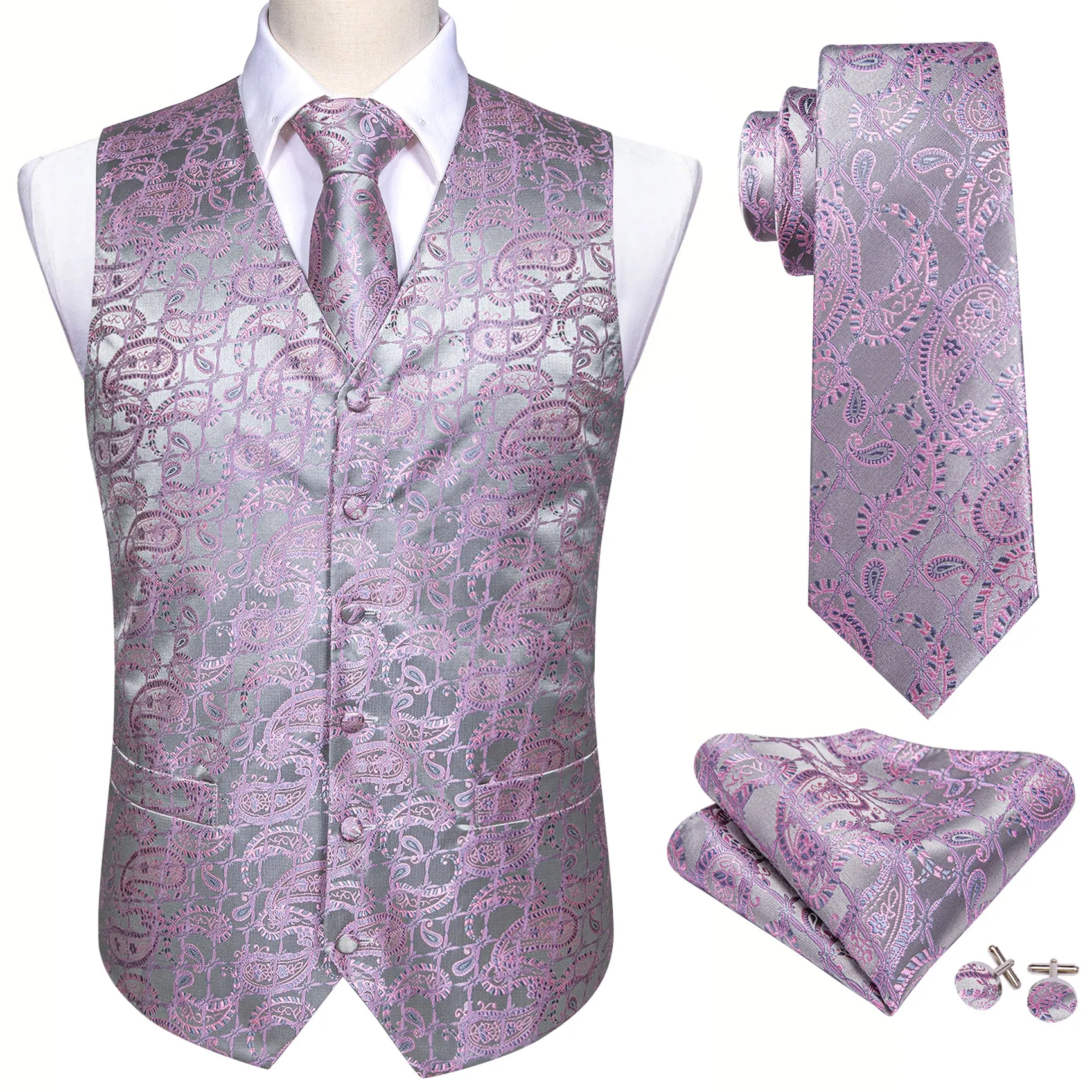 Silver Grey Pink Paisley Jacquard Silk Men's Vest Hanky Cufflinks Tie Set