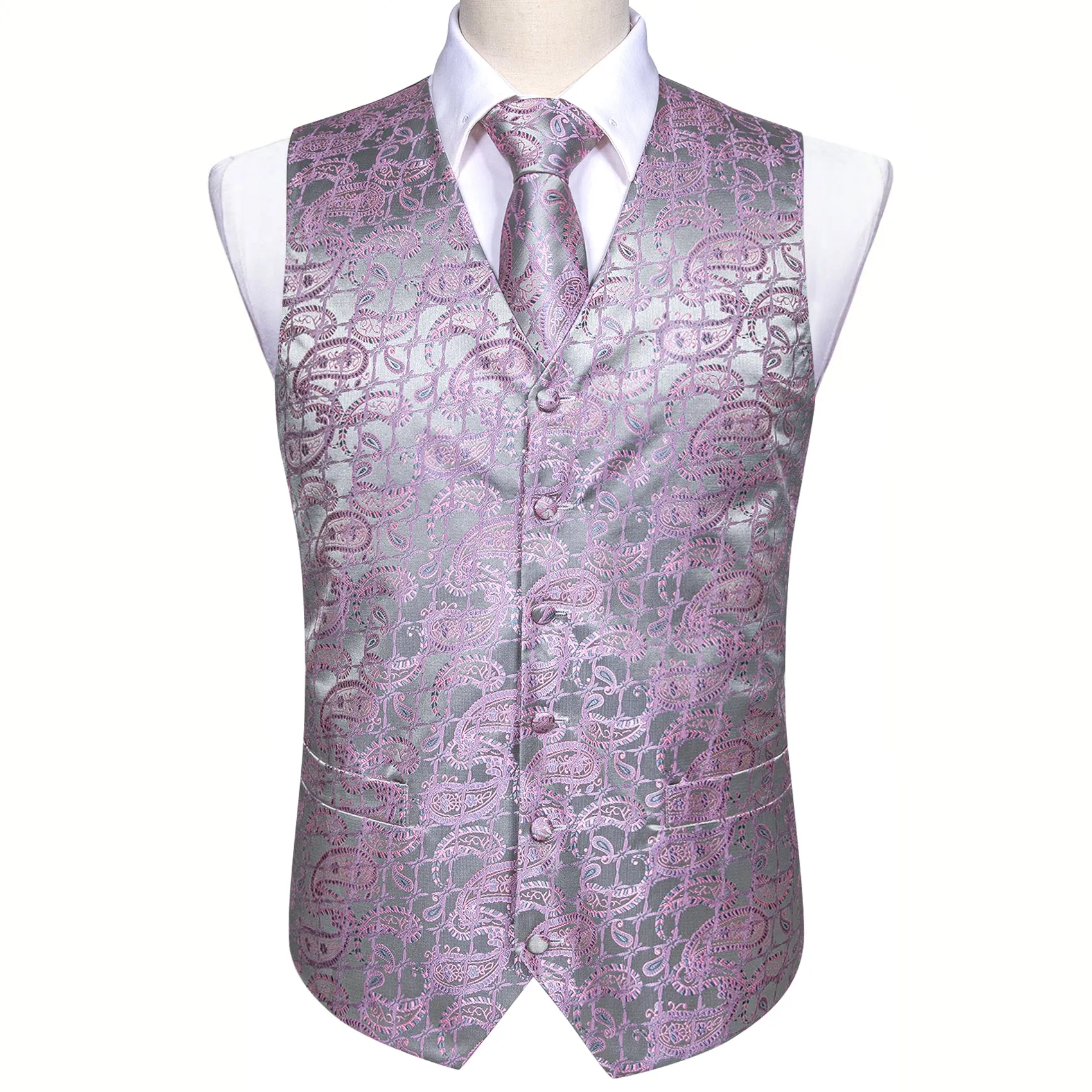 Silver Grey Pink Paisley Jacquard Silk Men's Vest Hanky Cufflinks Tie Set