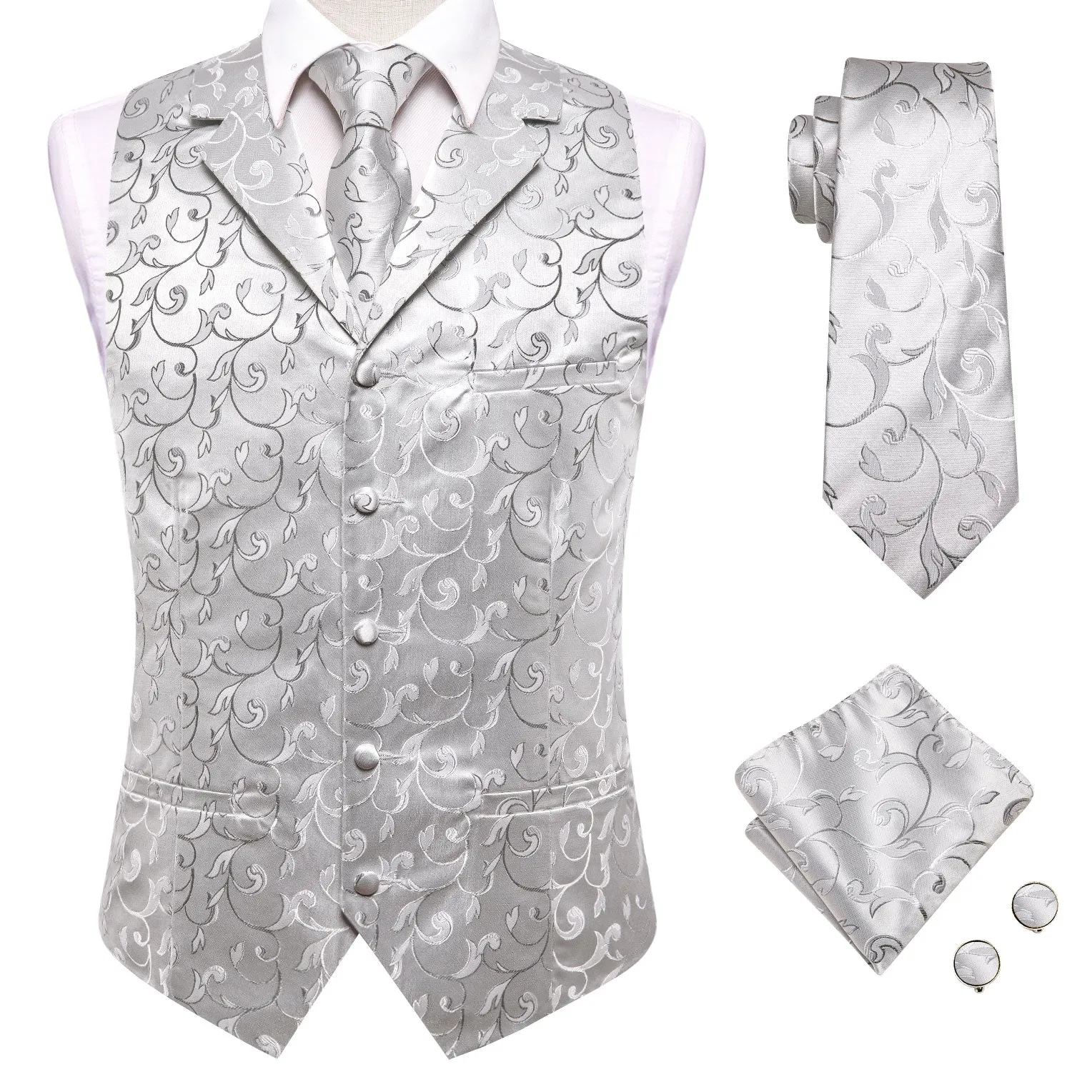 Silver Light Grey Floral Jacquard Silk Men's Vest Hanky Cufflinks Tie Set