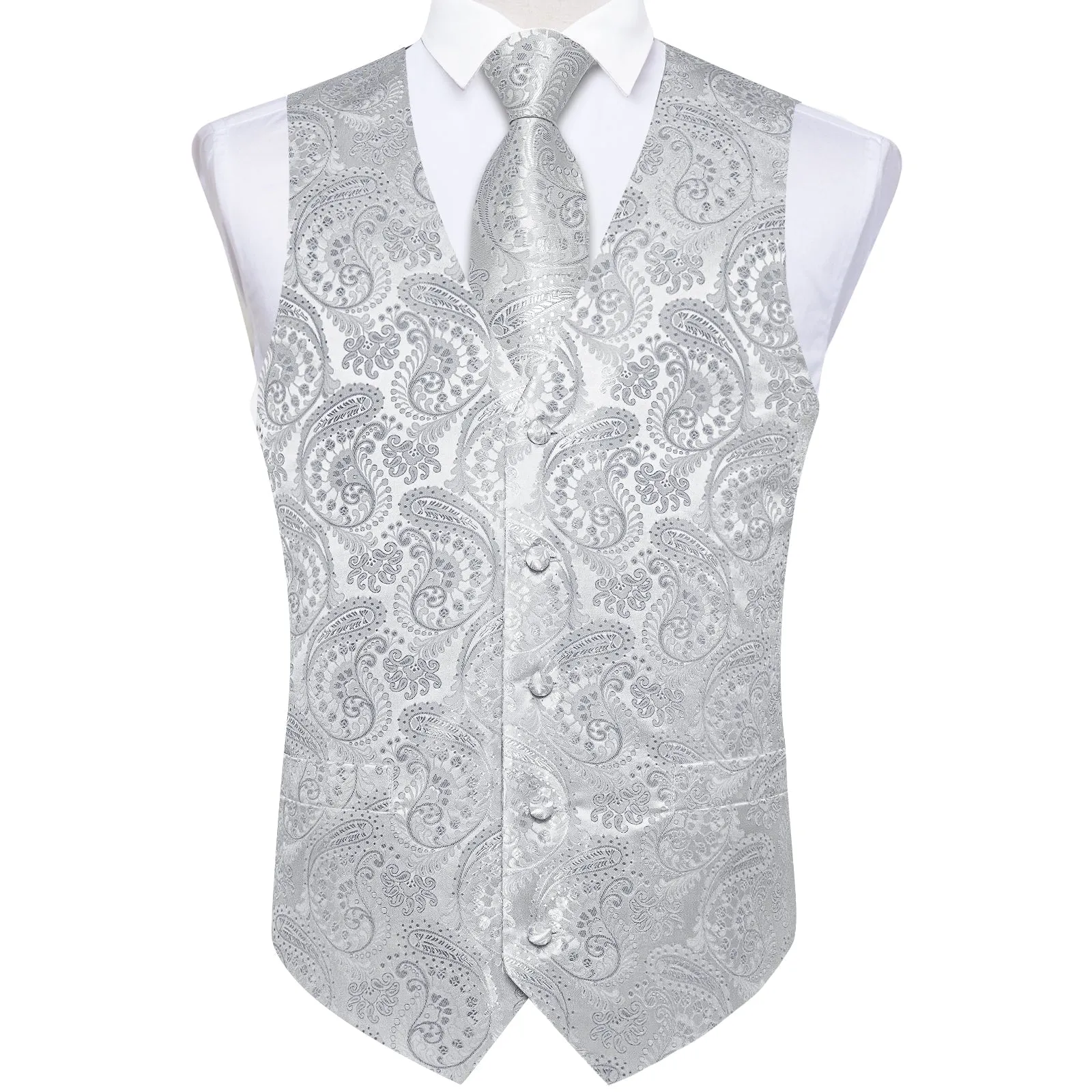 Silver Paisley Jacquard Silk Men's Vest Hanky Cufflinks Tie Set