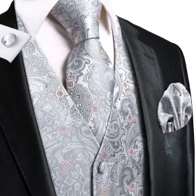 Silver Paisley with Pink Flower Silk Men's Vest Hanky Cufflinks Tie Set Waistcoat Suit Set