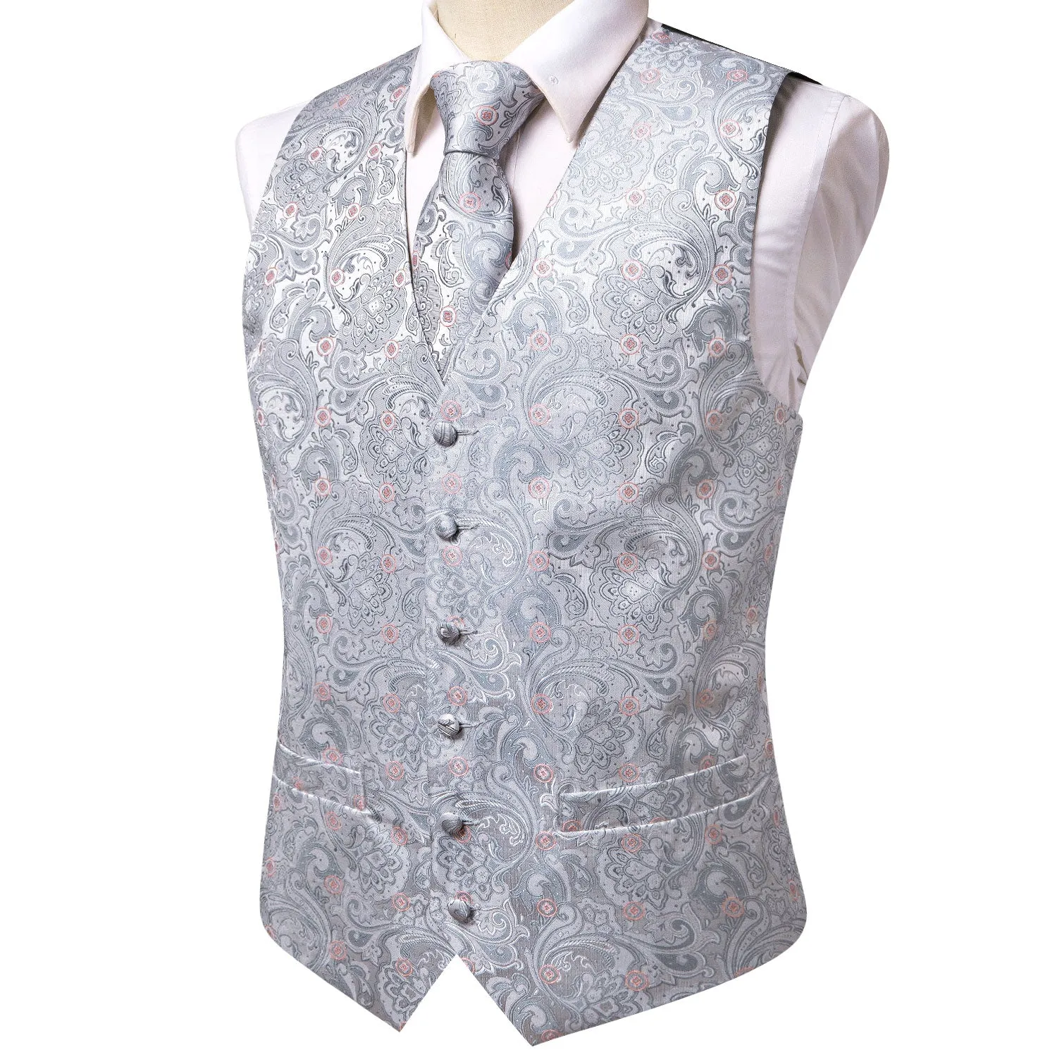 Silver Paisley with Pink Flower Silk Men's Vest Hanky Cufflinks Tie Set Waistcoat Suit Set