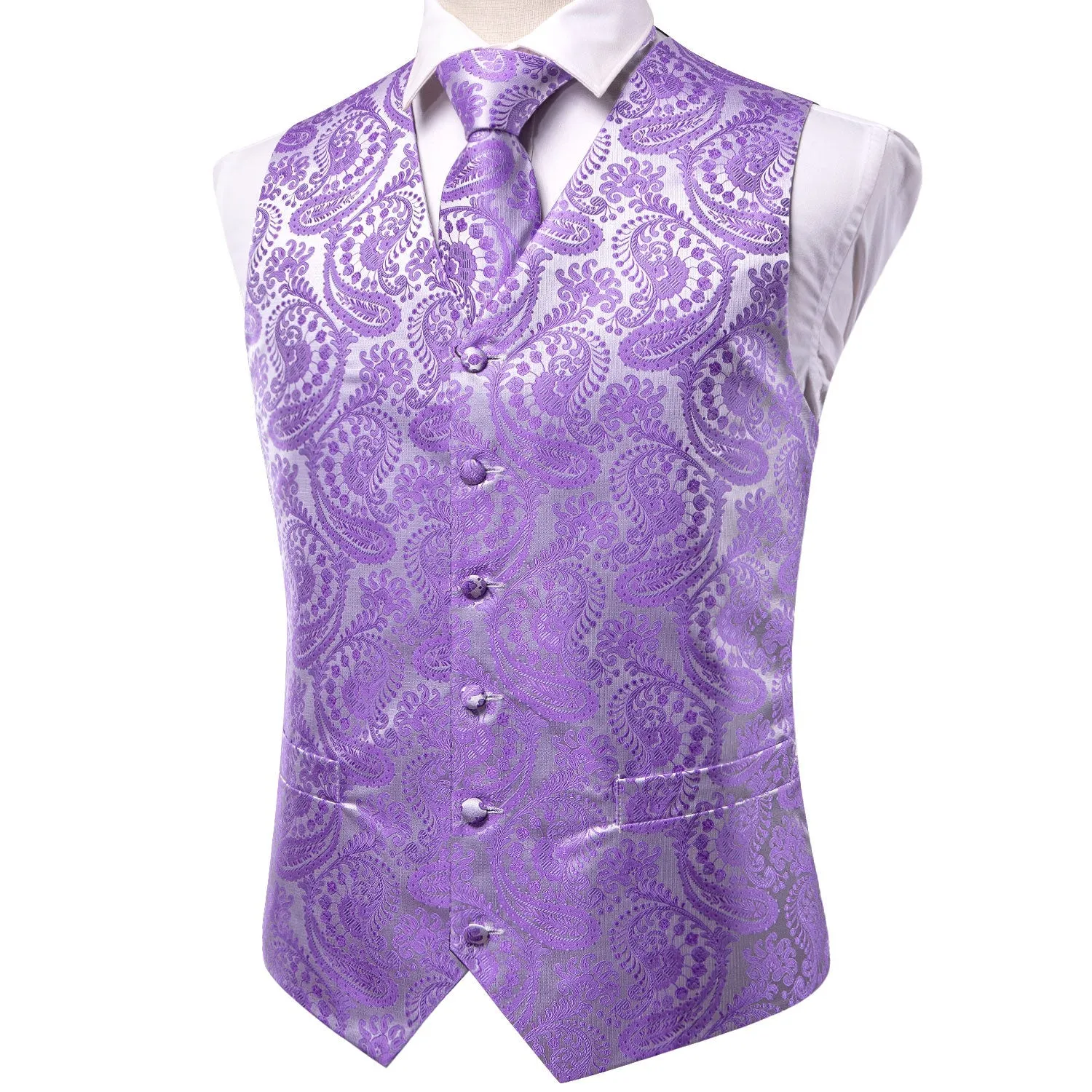 Silver Purple Paisley Jacquard Silk Men's Vest Hanky Cufflinks Tie Set