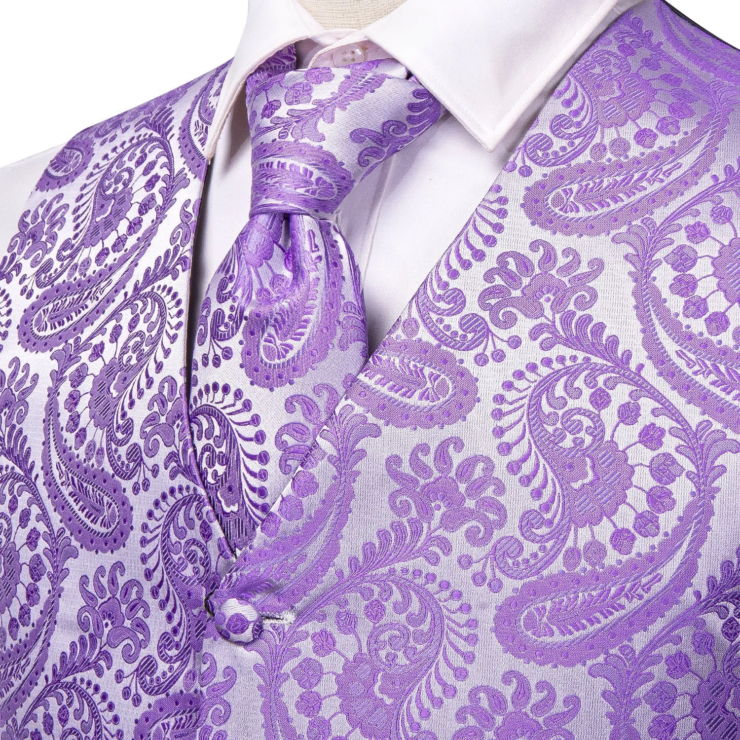 Silver Purple Paisley Jacquard Silk Men's Vest Hanky Cufflinks Tie Set