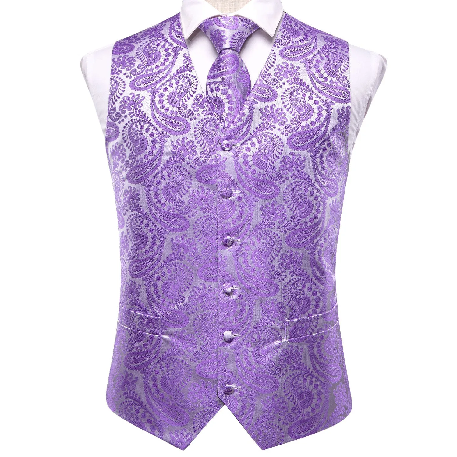 Silver Purple Paisley Jacquard Silk Men's Vest Hanky Cufflinks Tie Set