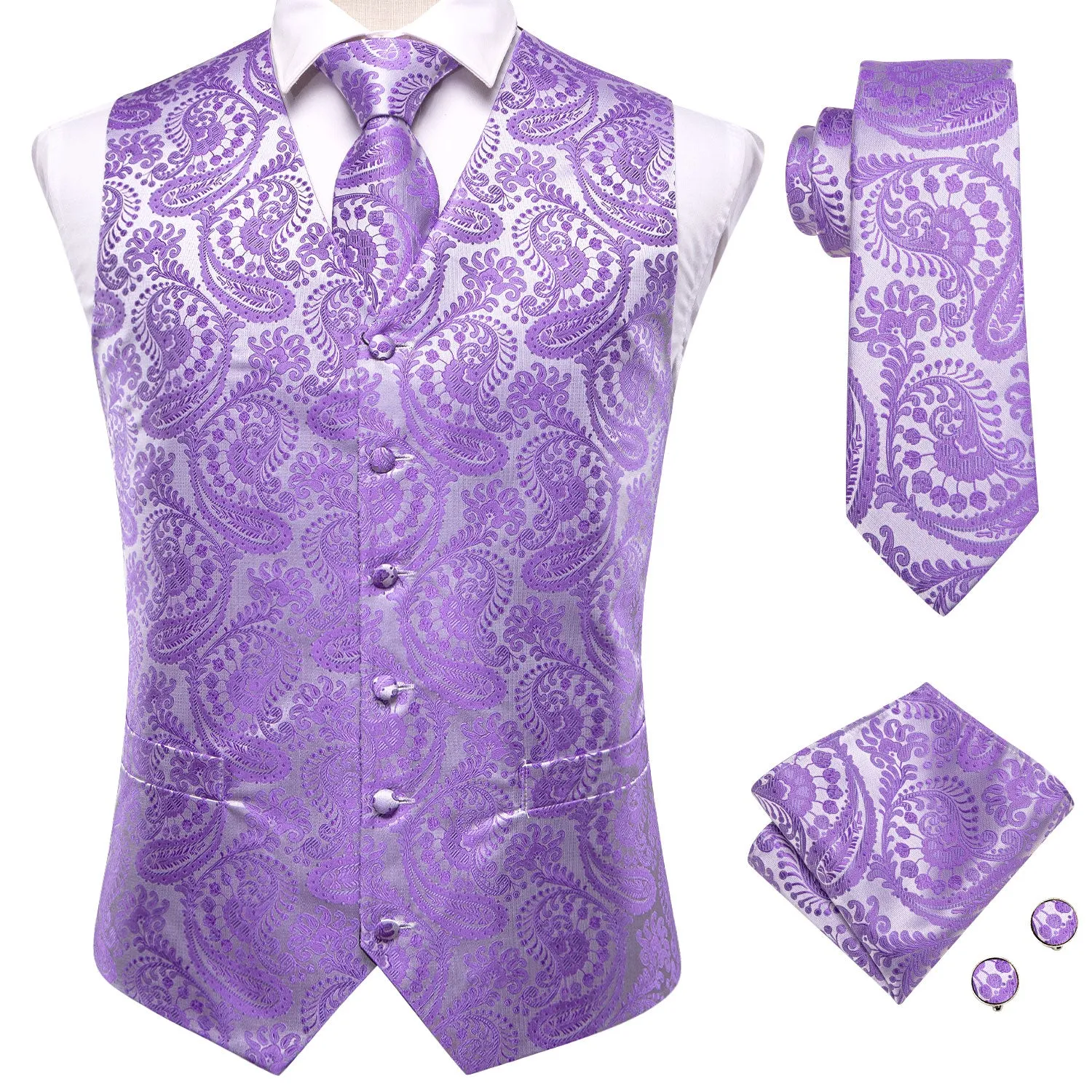 Silver Purple Paisley Silk Men's Vest Hanky Cufflinks Tie Set Waistcoat Suit Set