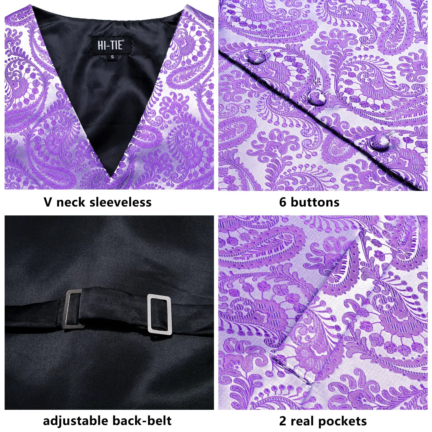 Silver Purple Paisley Silk Men's Vest Hanky Cufflinks Tie Set Waistcoat Suit Set