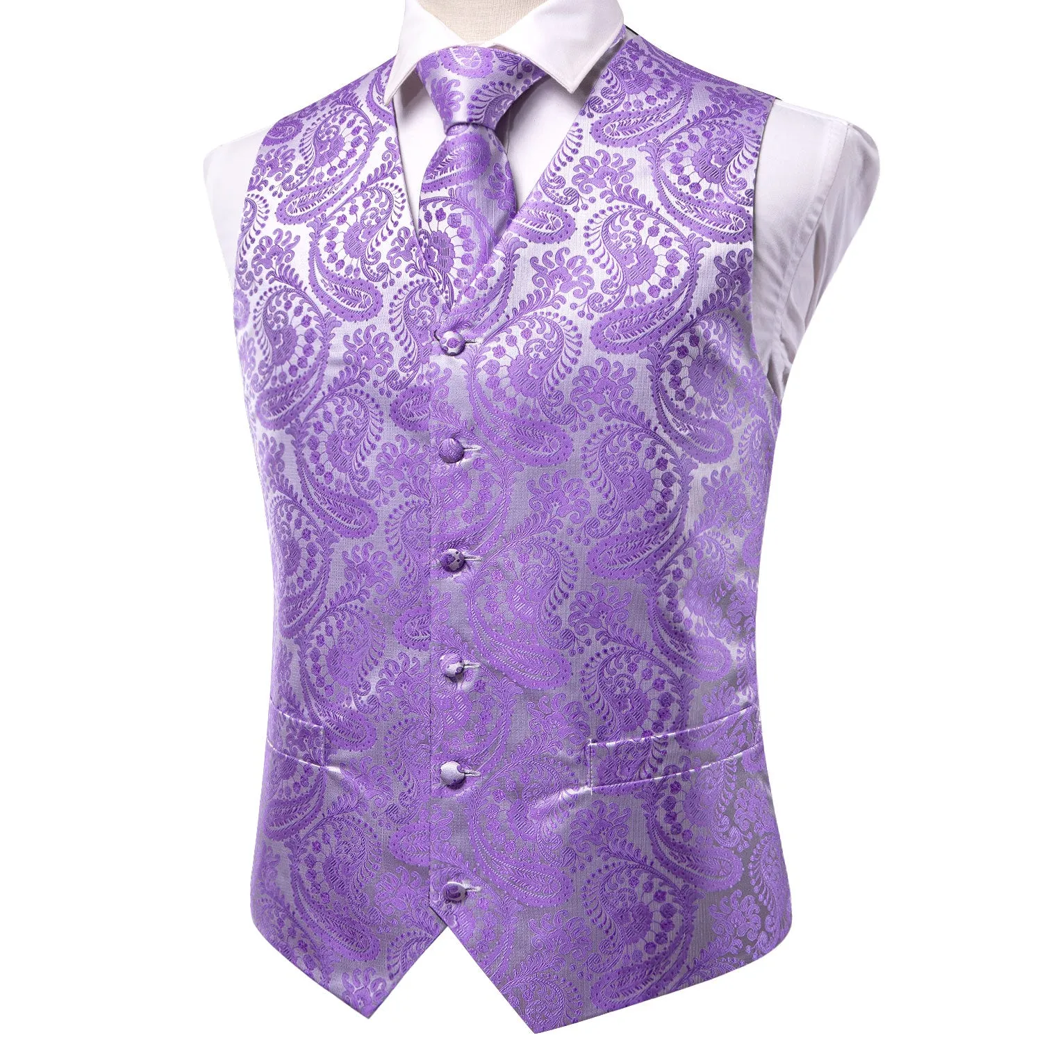 Silver Purple Paisley Silk Men's Vest Hanky Cufflinks Tie Set Waistcoat Suit Set