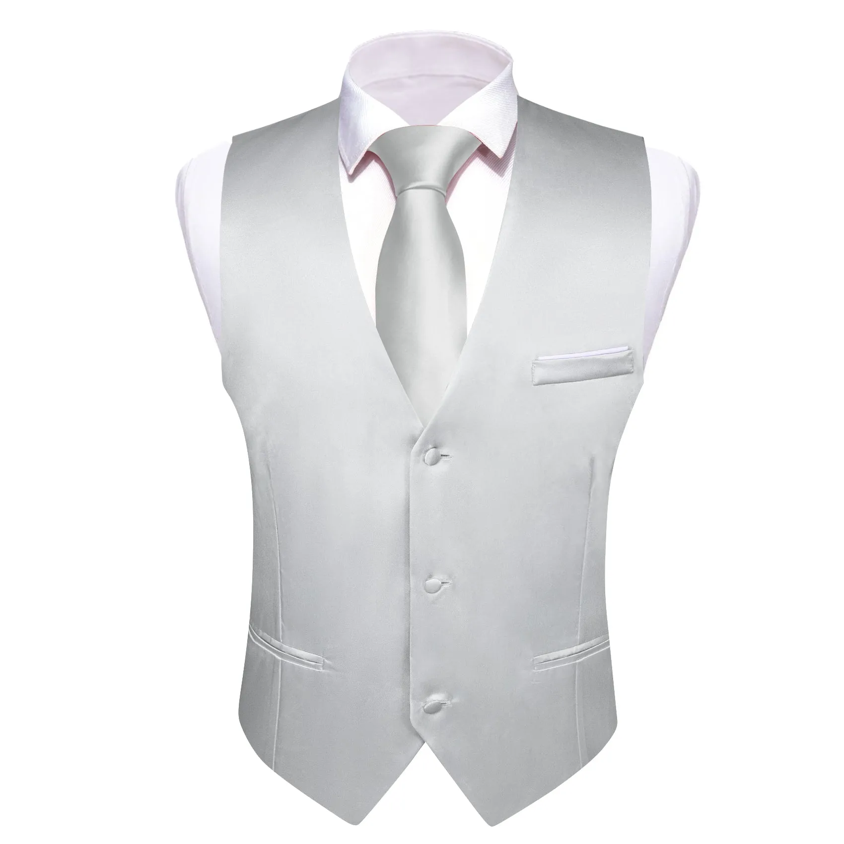 Silver Solid Satin Men's V-Neck Business Vest