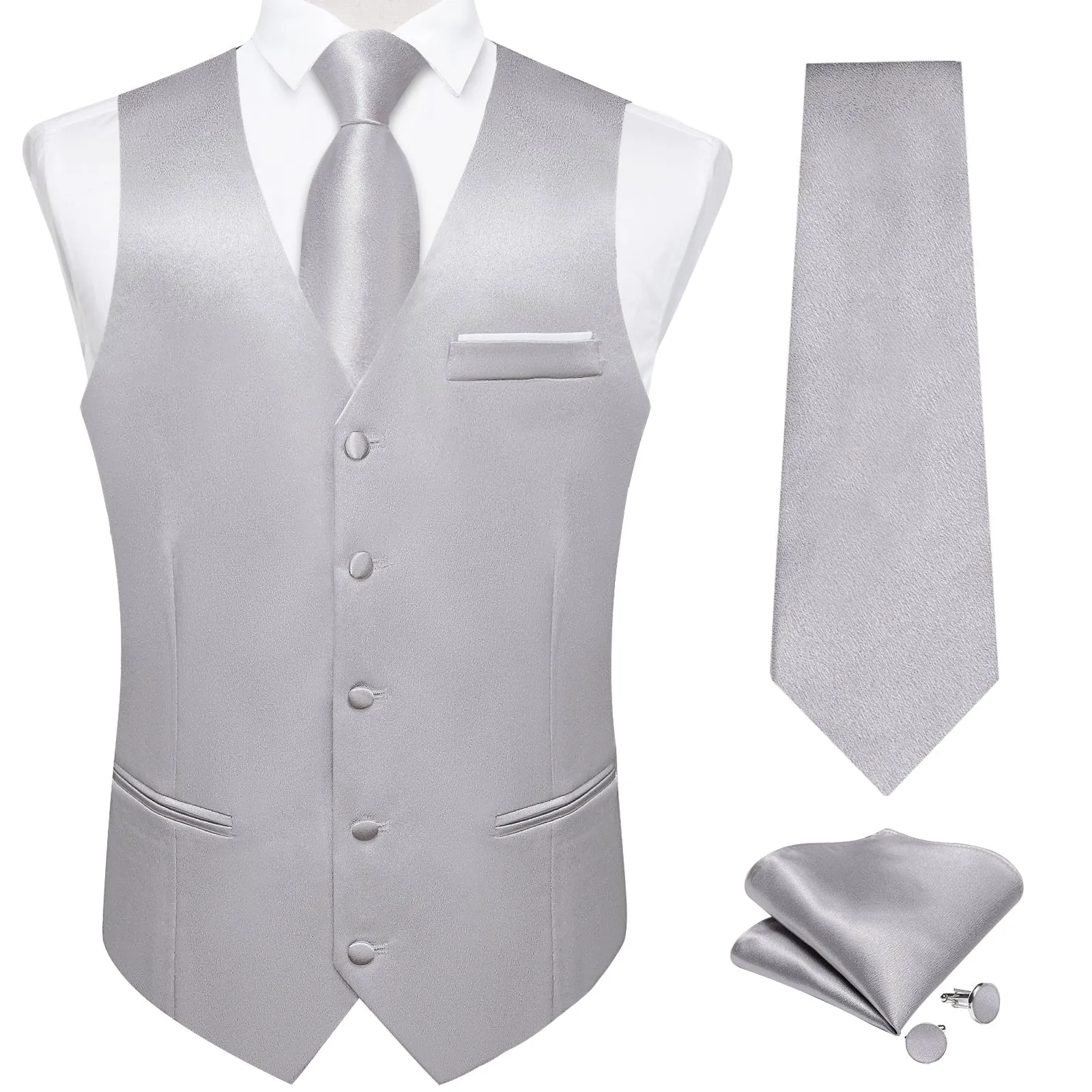 Silver Solid Shining Silk Formal Men's Vest Hanky Cufflinks Tie Set