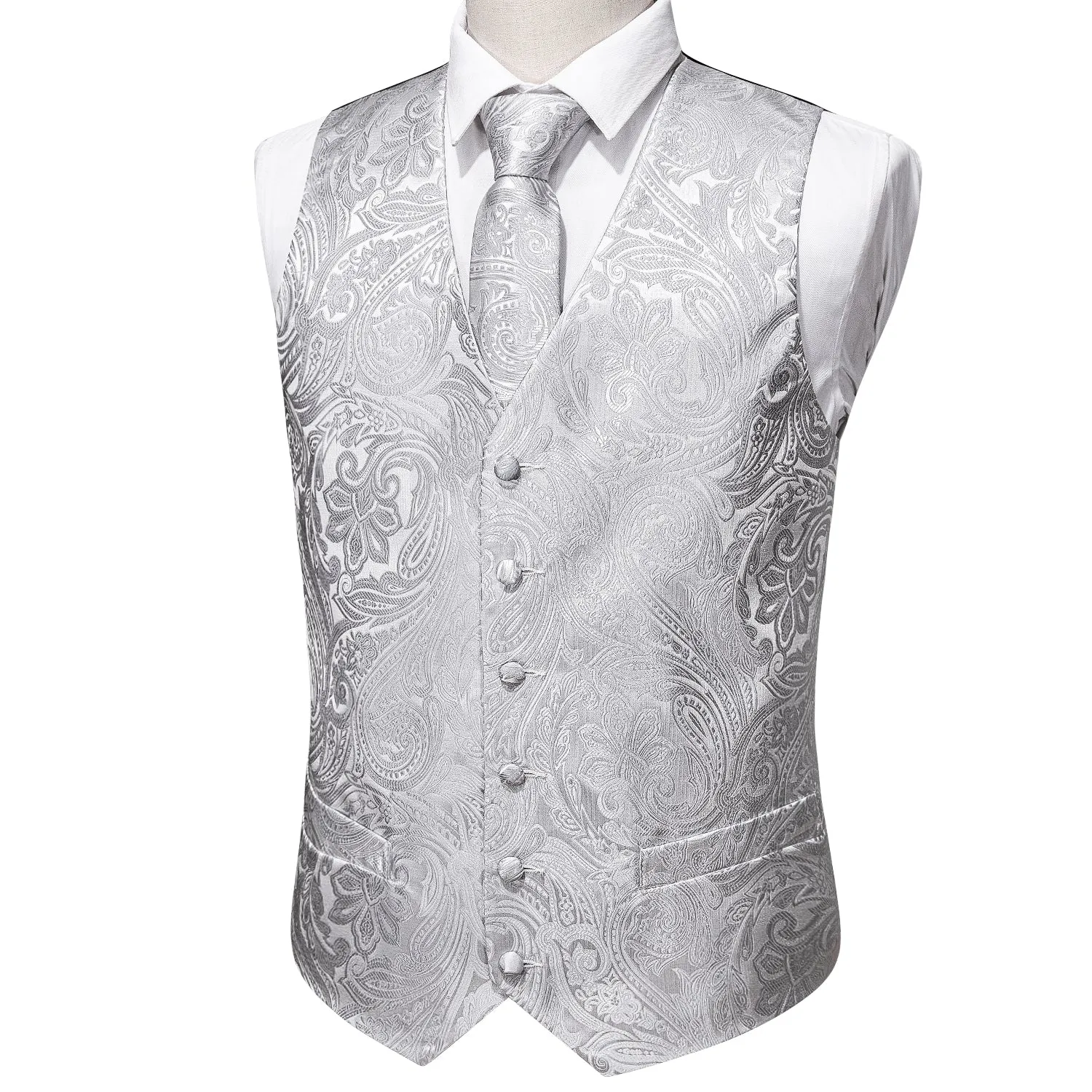 Silver White Paisley Jacquard Silk Men's Vest Hanky Cufflinks Tie Set