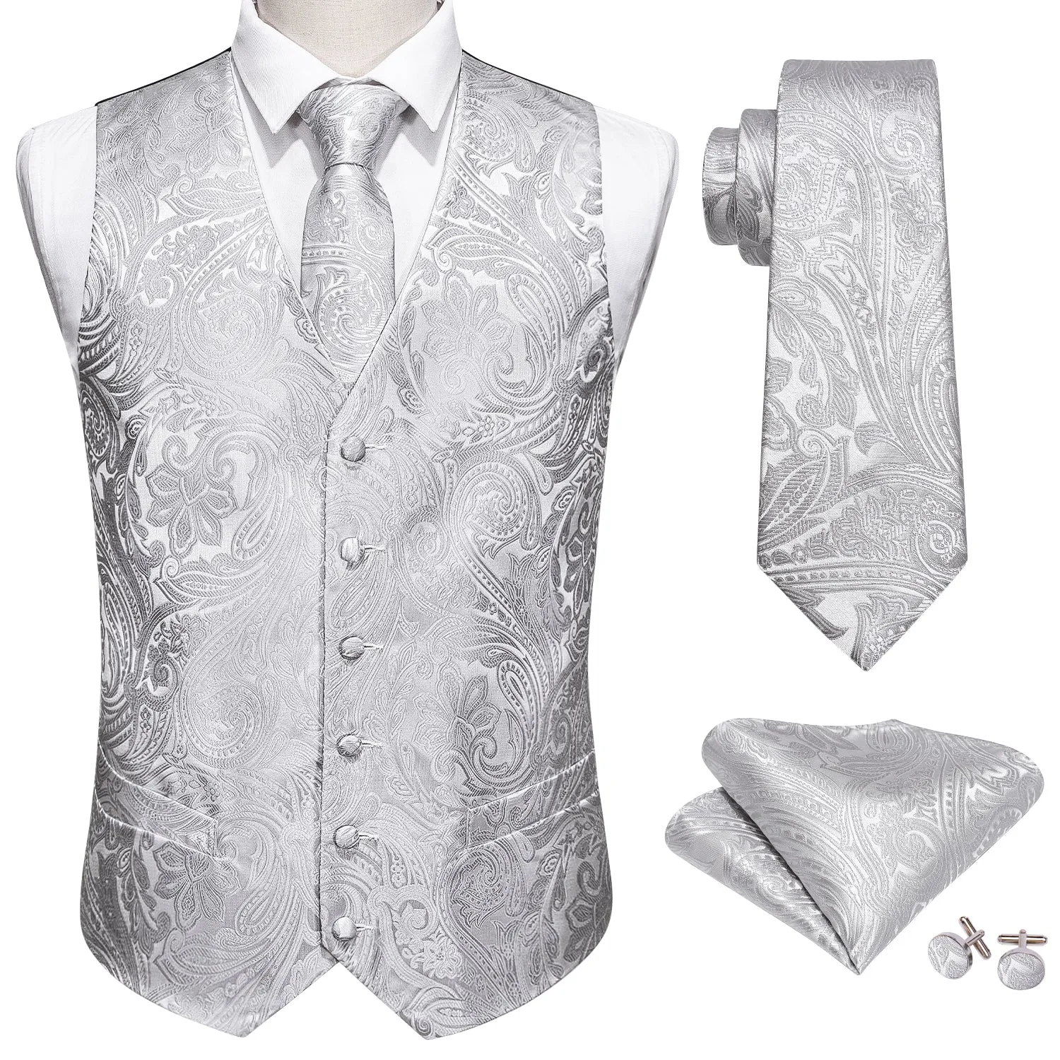 Silver White Paisley Jacquard Silk Men's Vest Hanky Cufflinks Tie Set