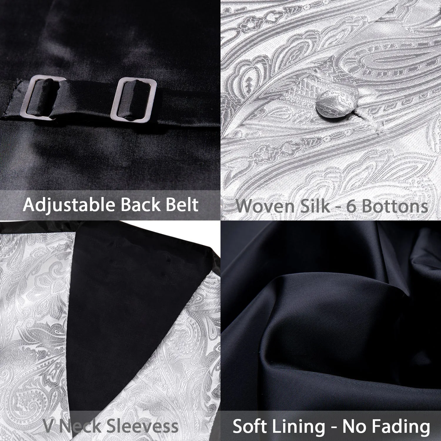 Silver White Paisley Jacquard Silk Men's Vest Hanky Cufflinks Tie Set