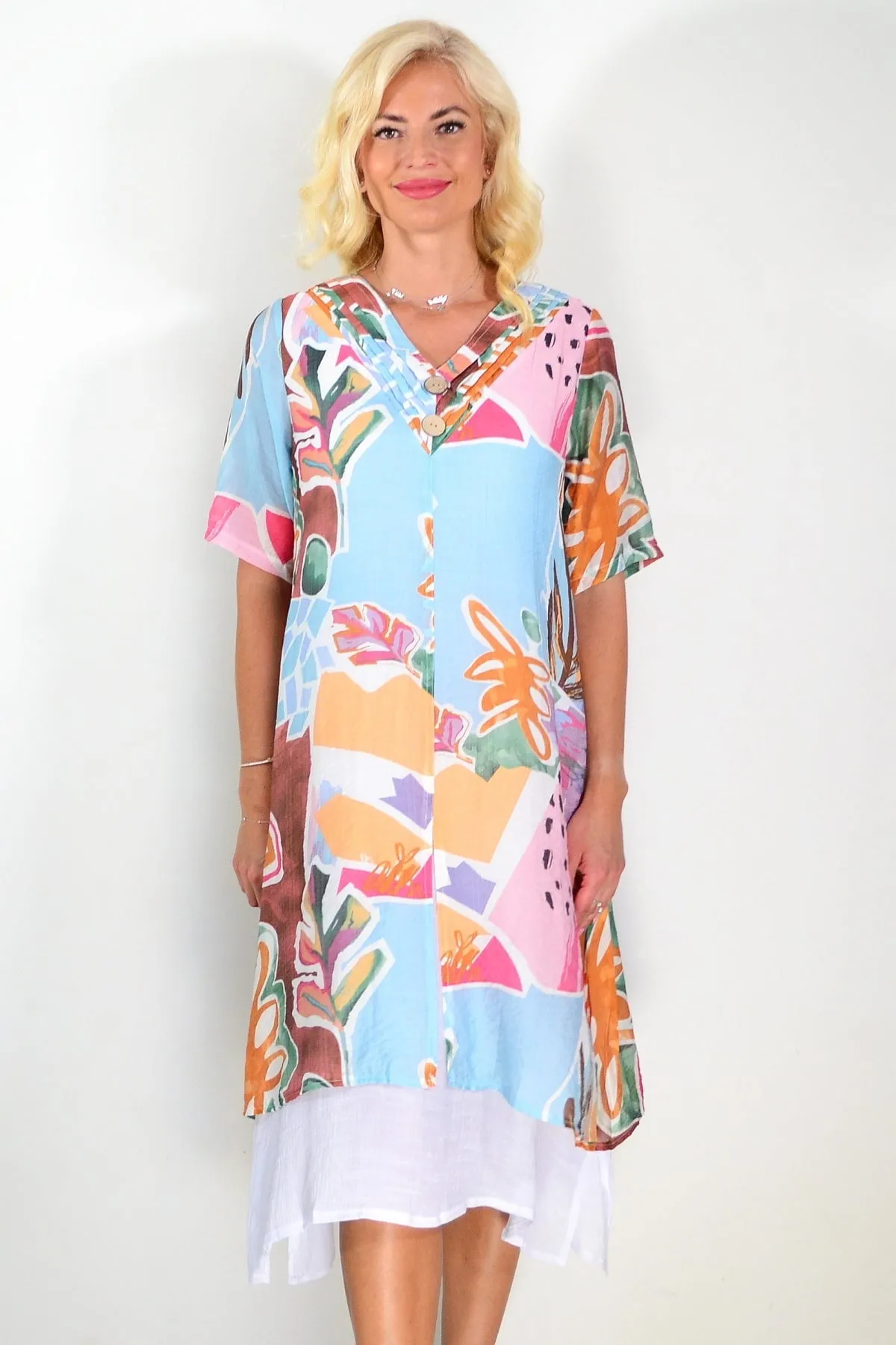 Sky Blue Floral Print Summer Tunic Dress