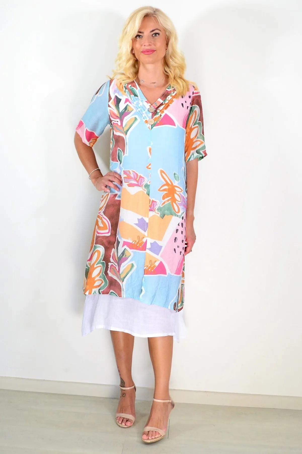 Sky Blue Floral Print Summer Tunic Dress