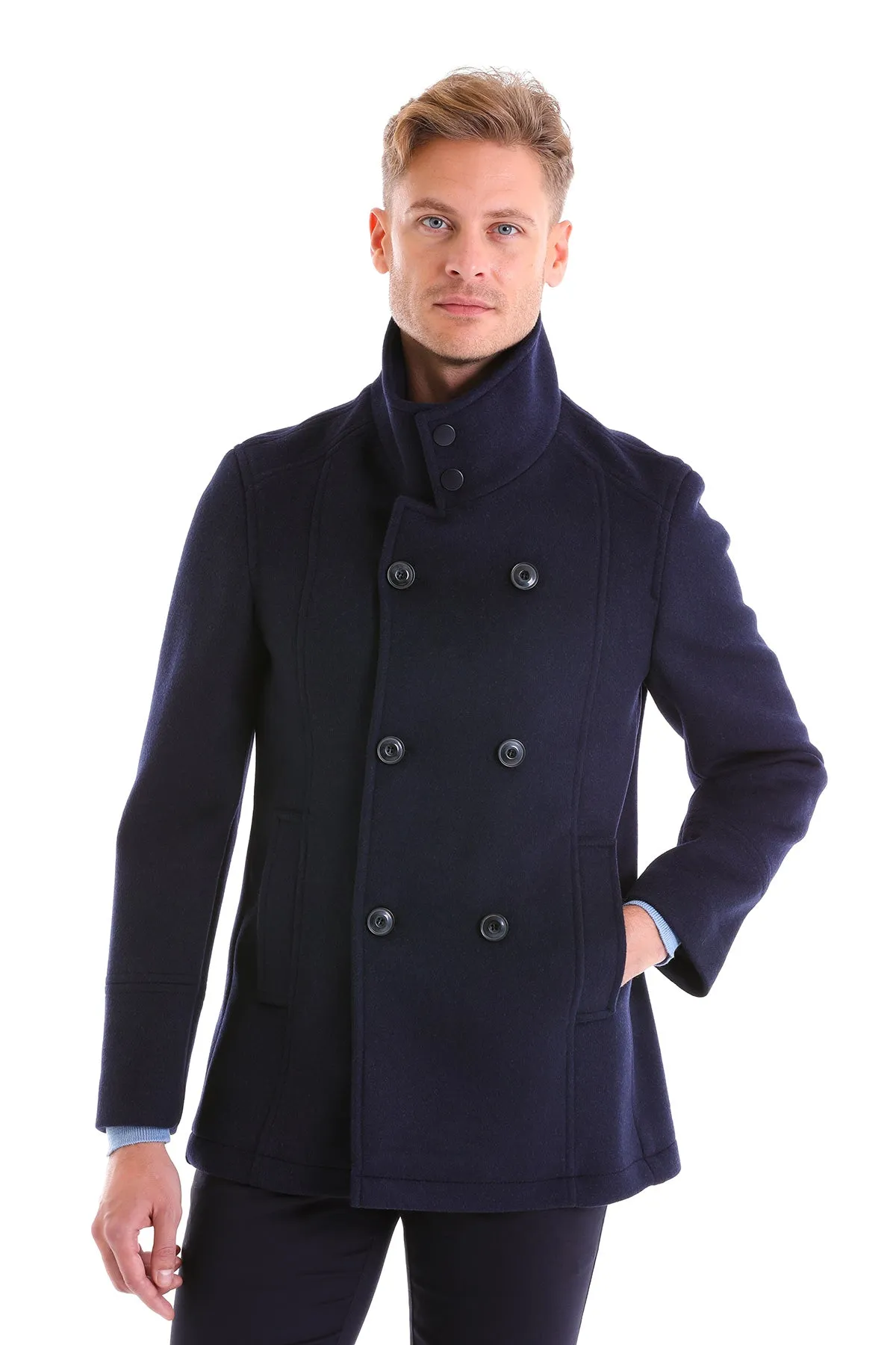 Slim Fit Double Breasted Navy Wool Blend Coat