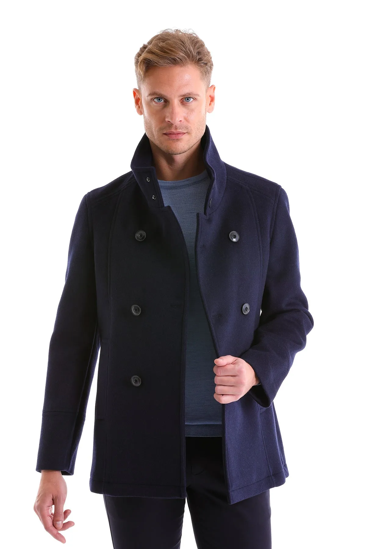 Slim Fit Double Breasted Navy Wool Blend Coat