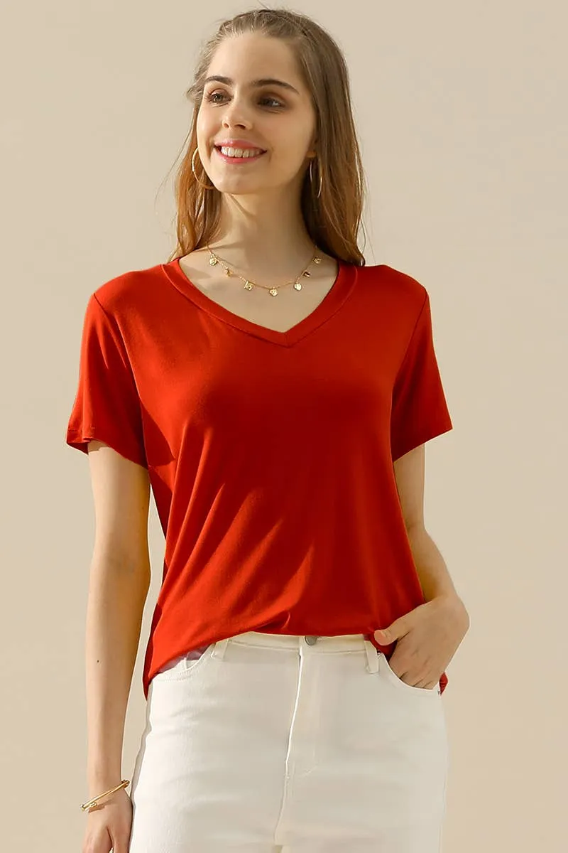 SOLID V NECK SHORT SLEEVE T SHIRT TOPS: RED