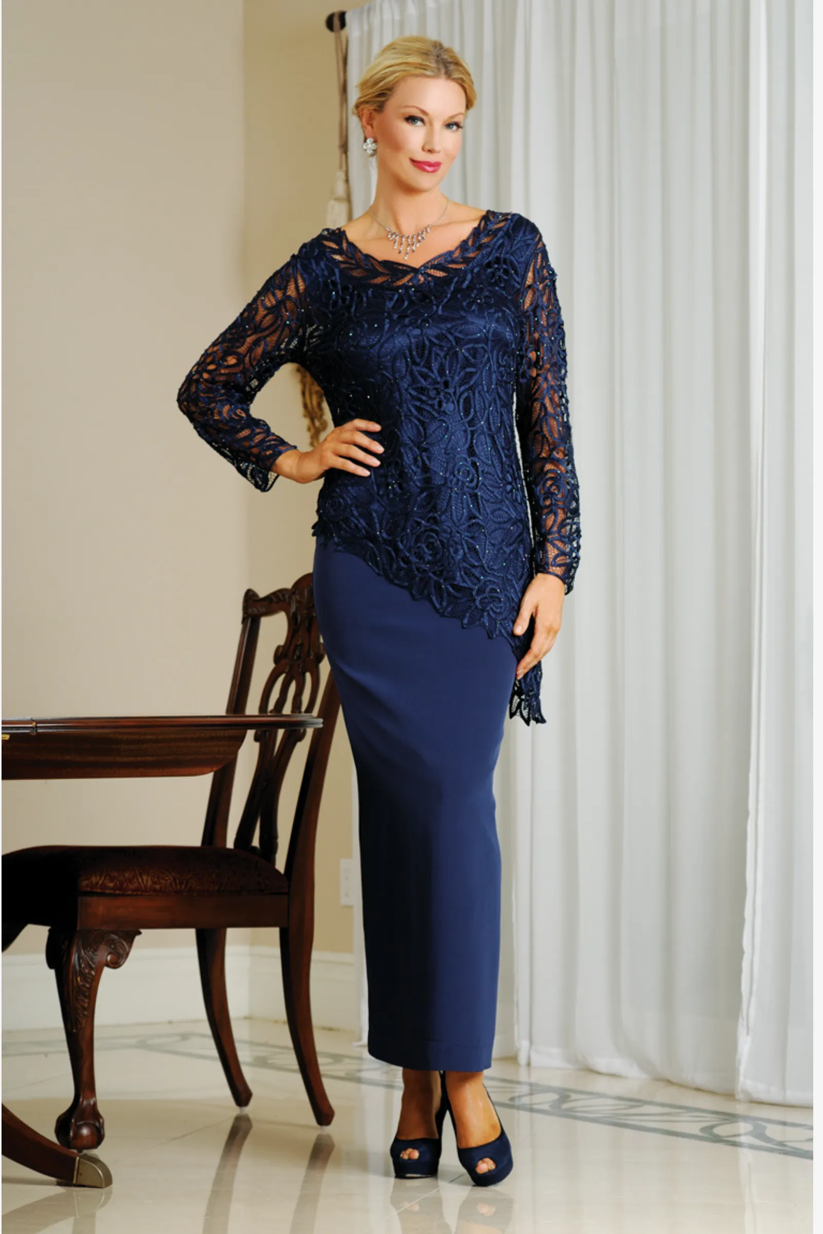 Soulmates C805850 Asymmetrical Tunic Top with Straight Back Slit Long Skirt Set