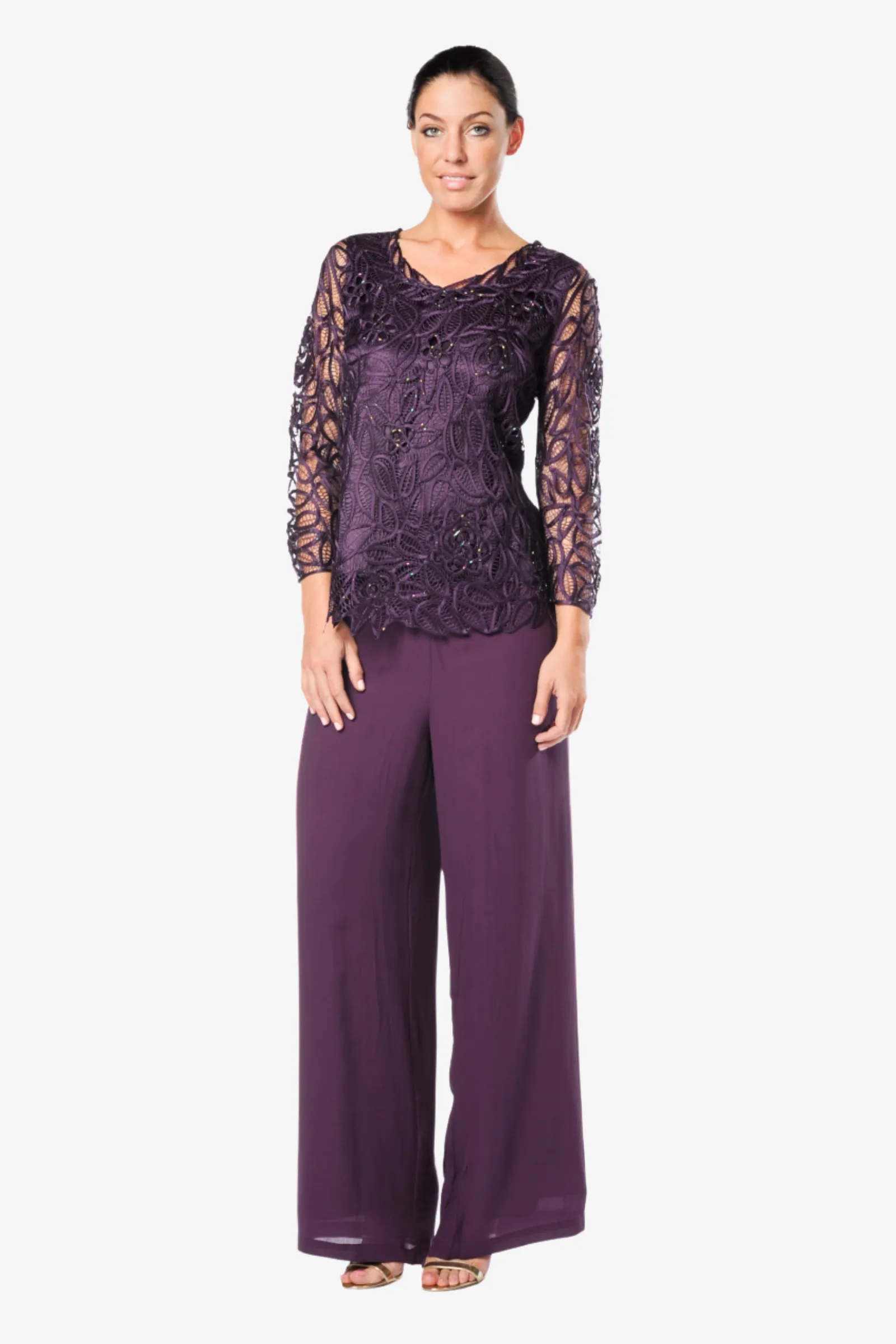 Soulmates C88903 Silk Beaded Lace Long Sleeve Tunic Top with Pants Set