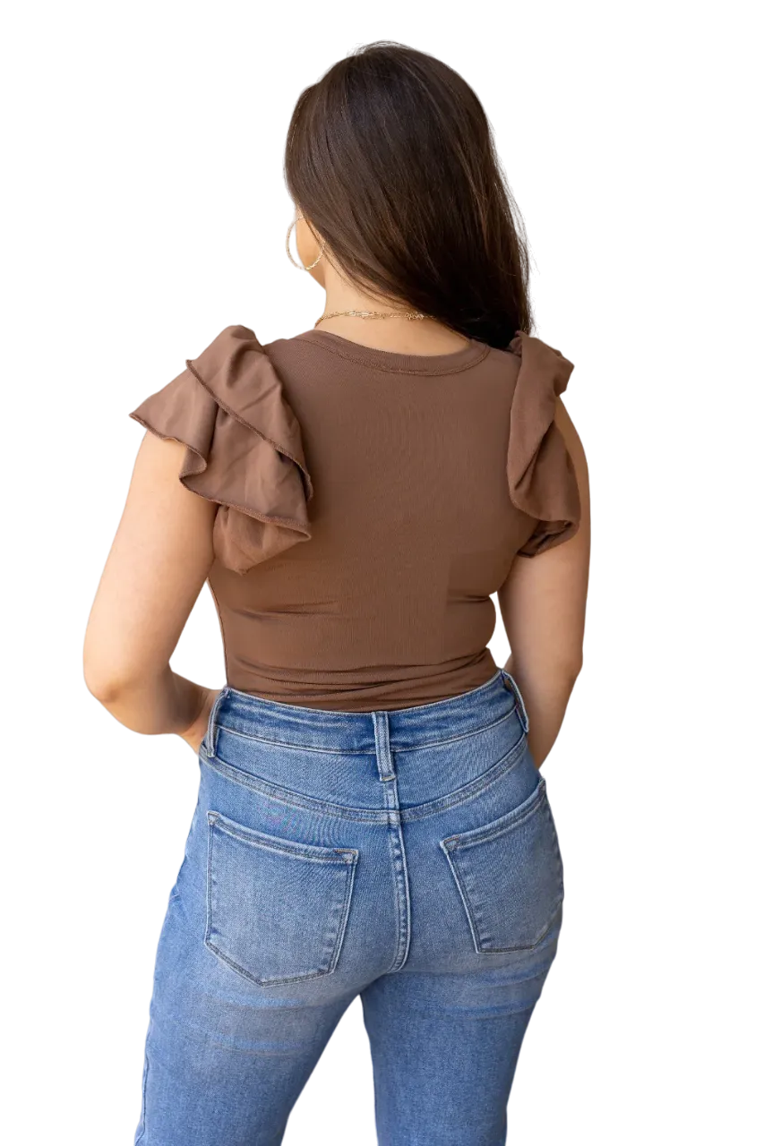 Southern Grace Women's The Eloise Ruffle Sleeve Brown Bodysuit