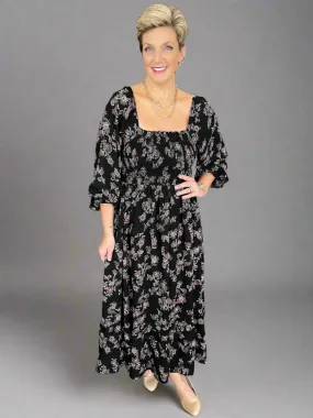 Square Neck Maxi Dress in Black Floral