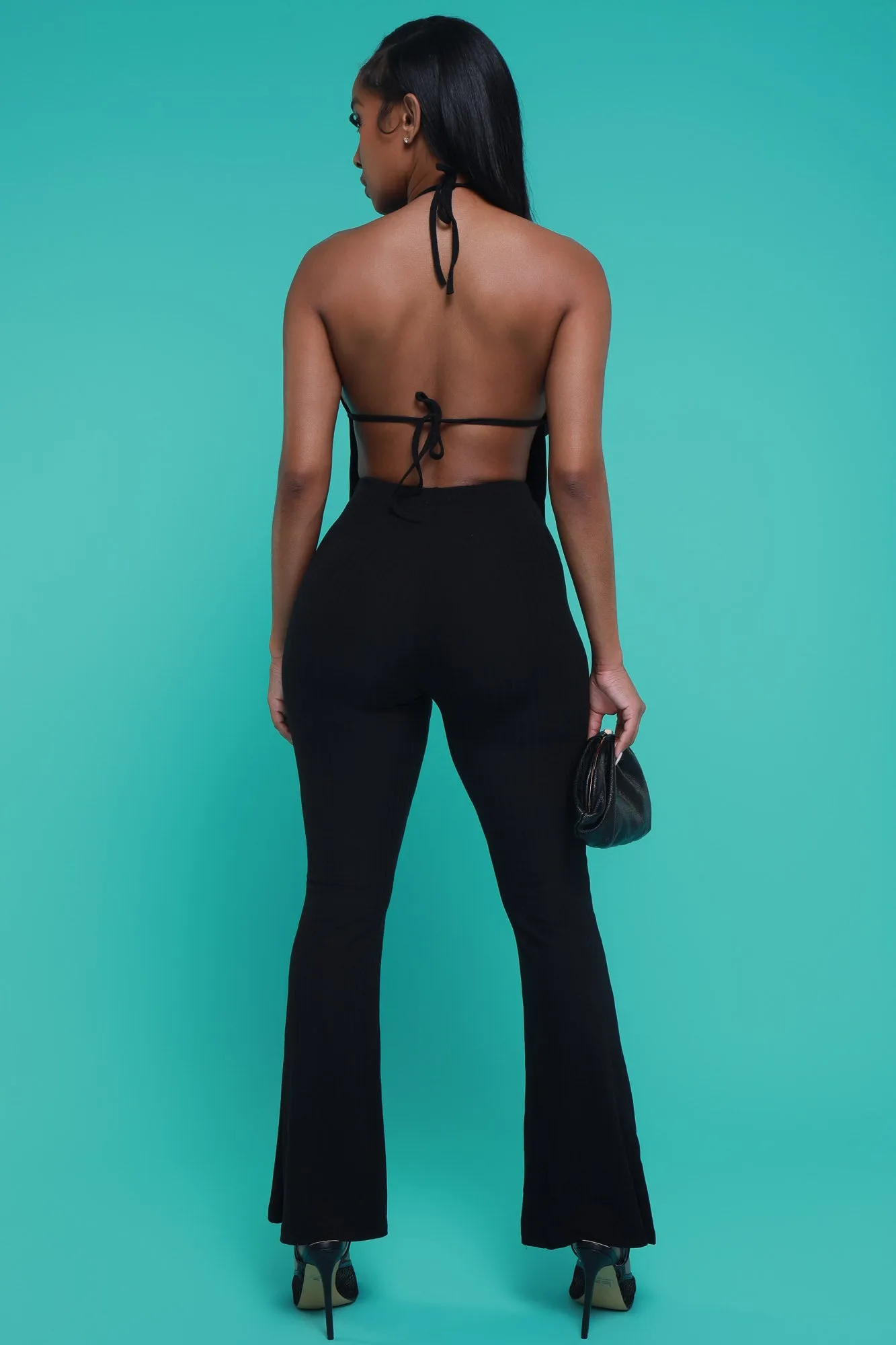 Stay Glam Backless Halter Flared Pants Set - Black